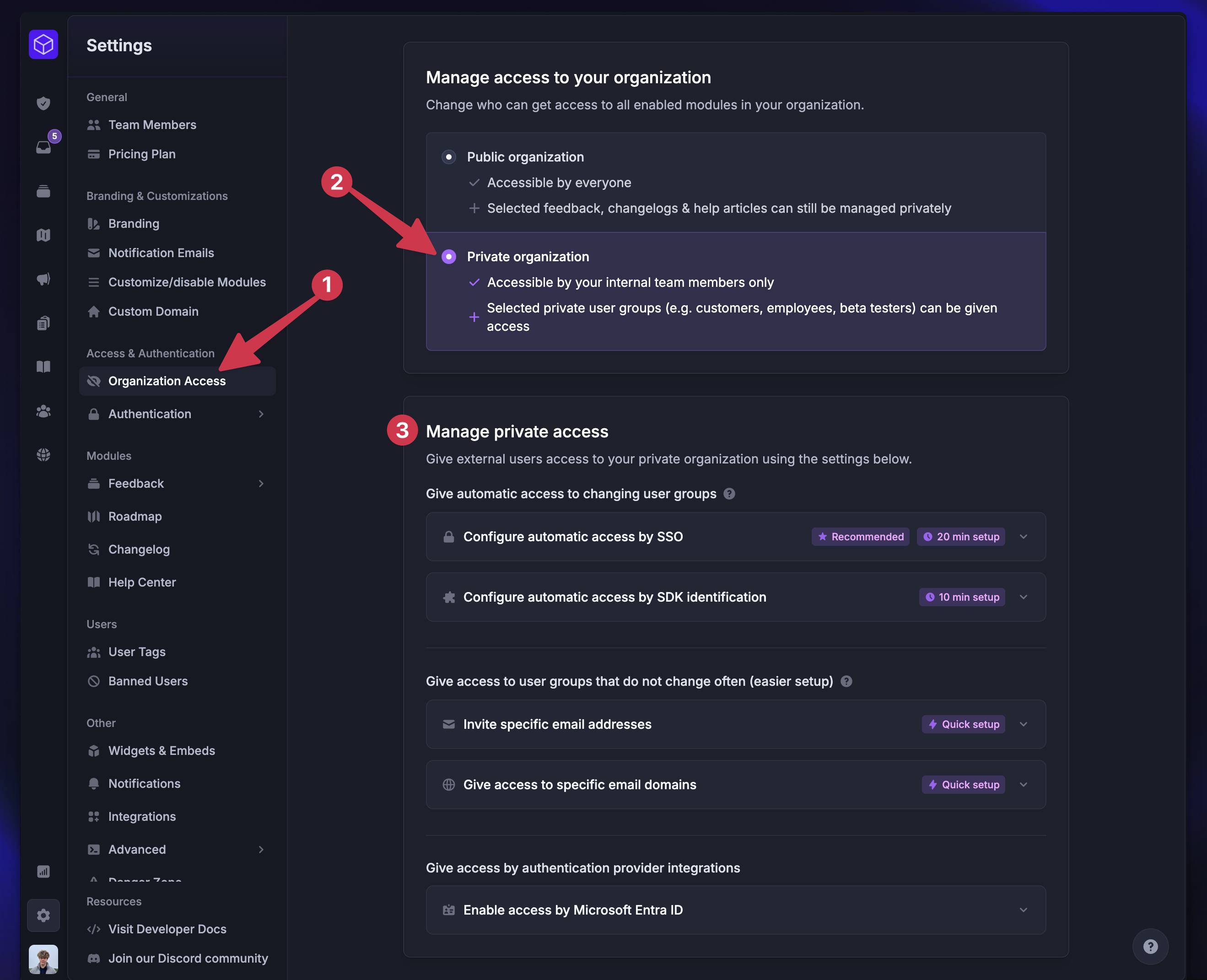 Toggling a workspace to a private organization from settings.