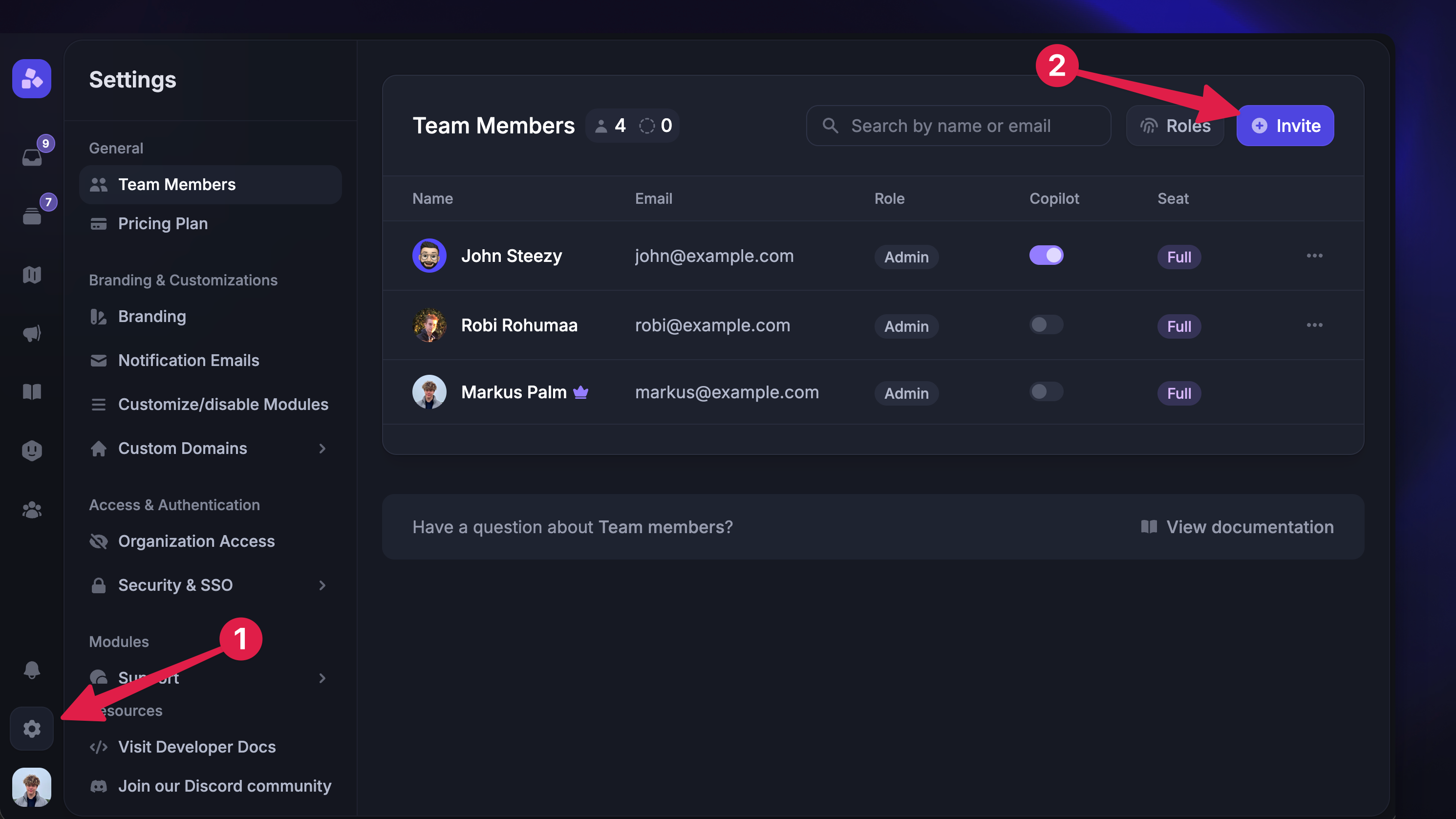 Inviting teammates in Featurebase.