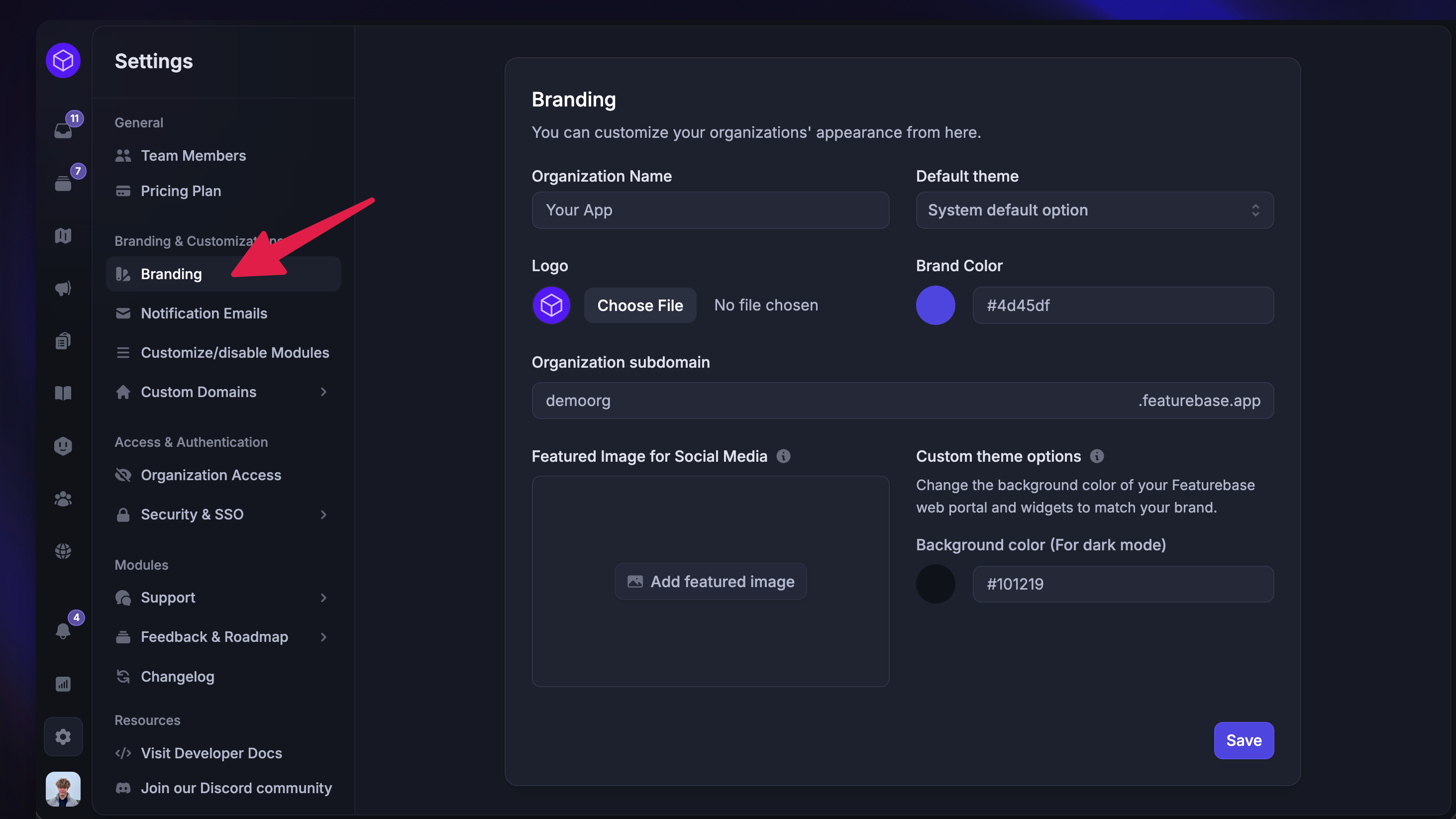 Featurebase Branding settings page showing options to upload logo, set brand colors, and choose a theme.