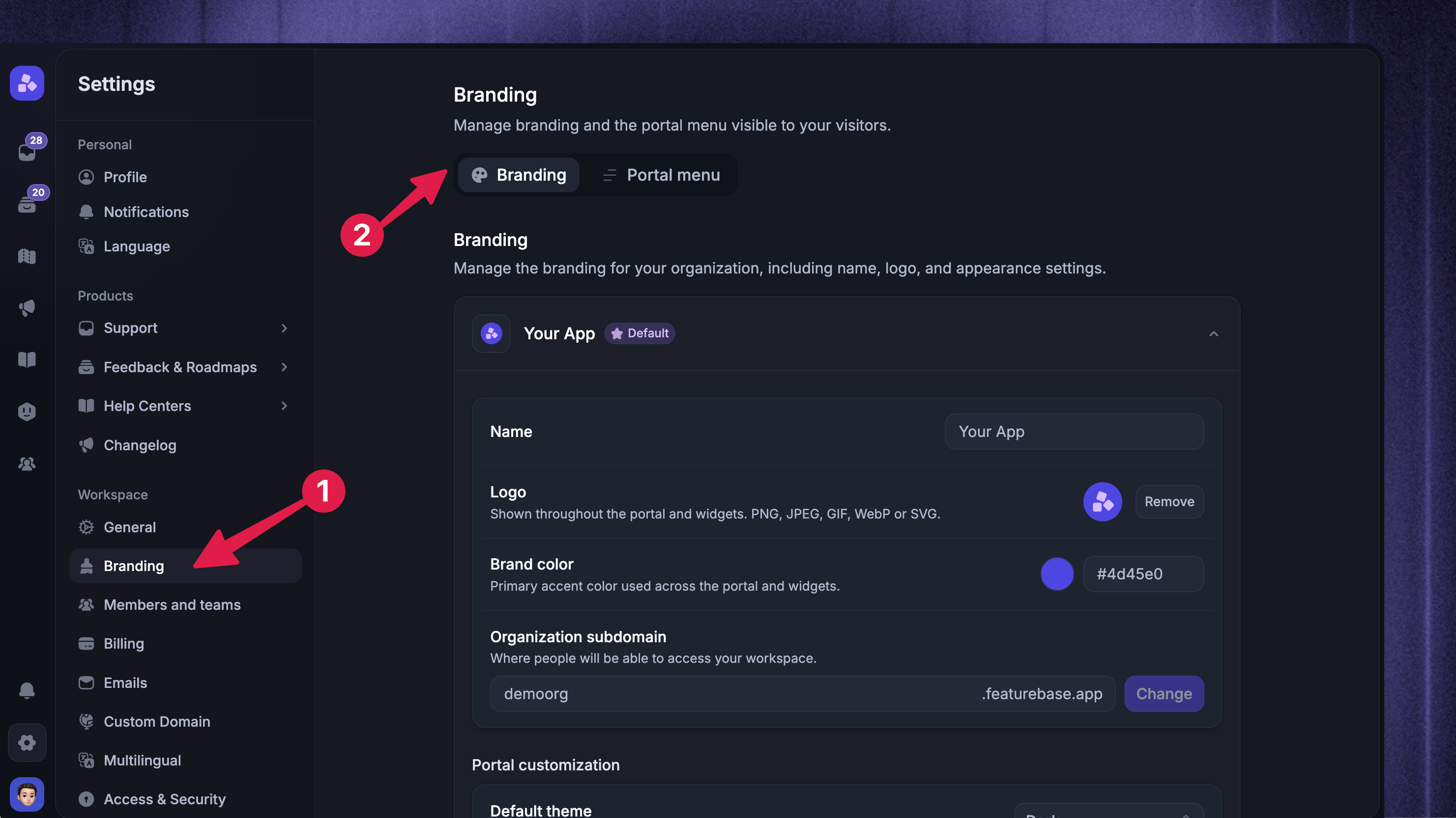 Featurebase Branding settings page showing options to upload logo, set brand colors, and choose a theme.