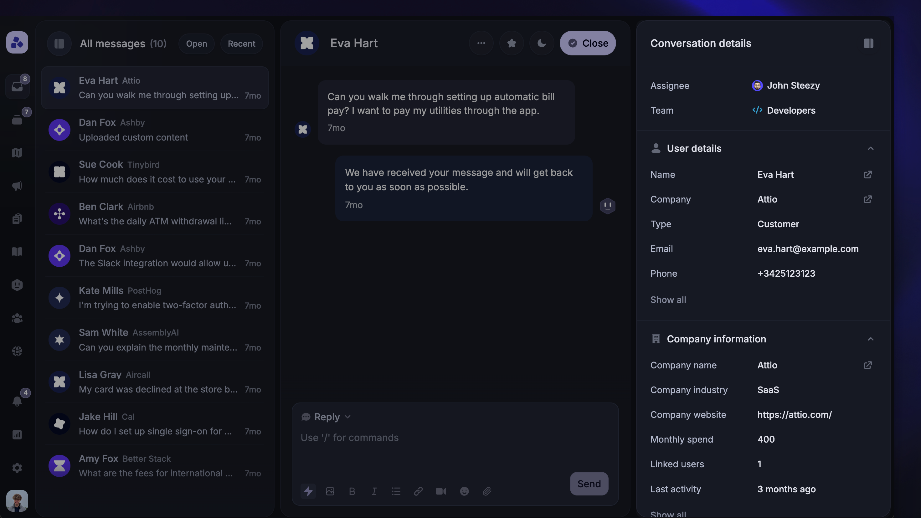 View custom customer data next to their support conversations.