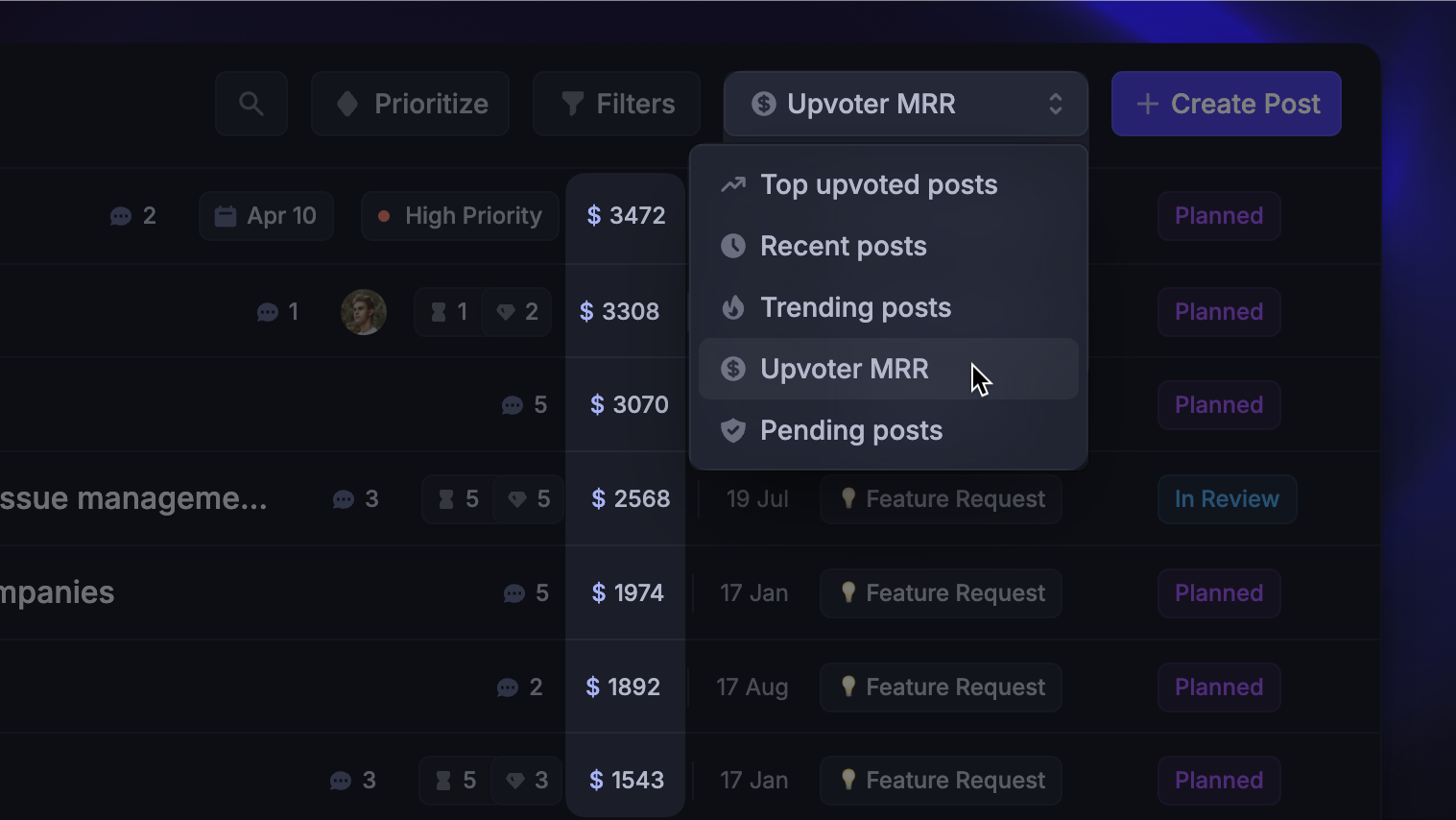 Sorting feedback by customer revenue.