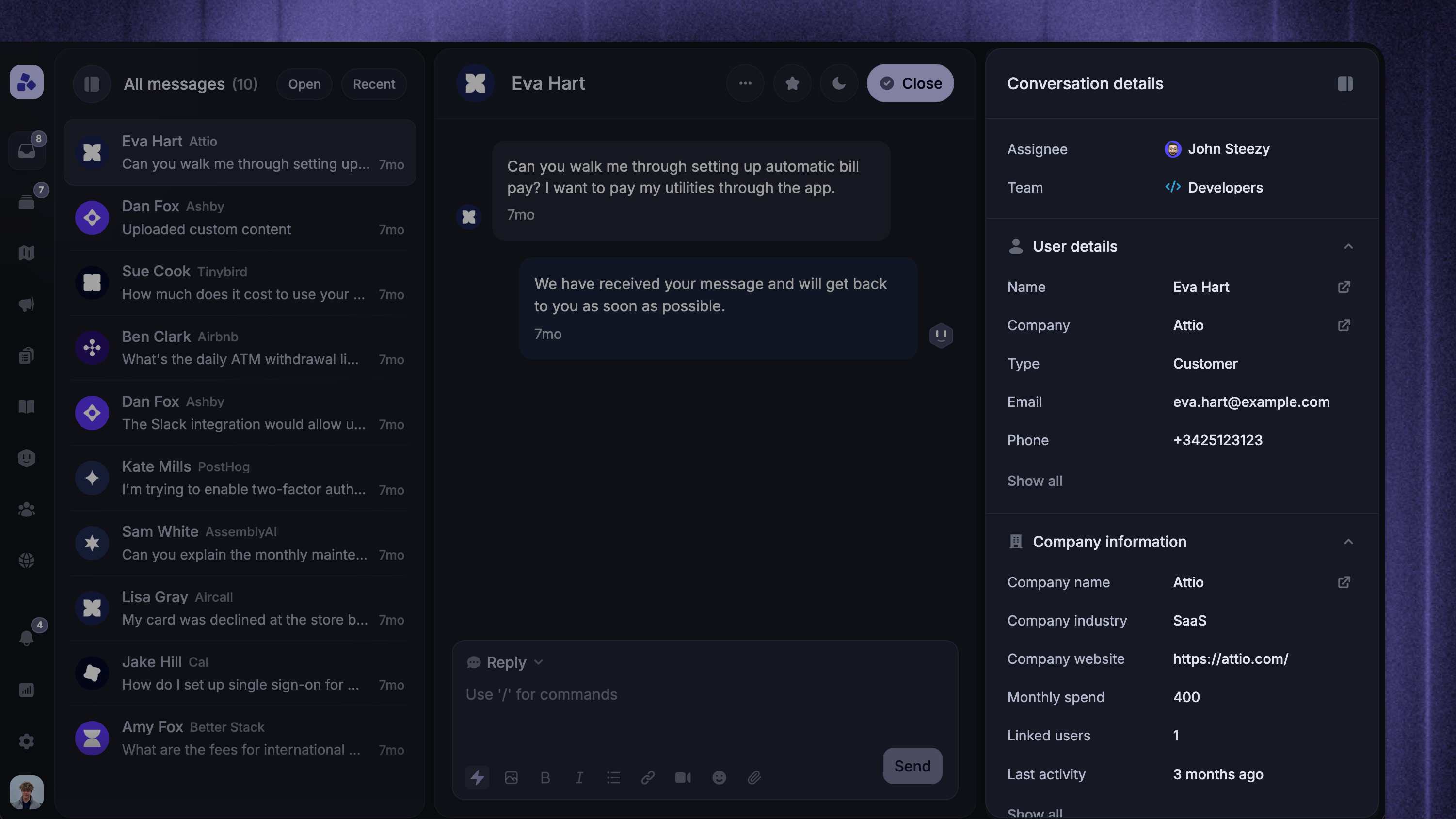 View custom customer data next to their support conversations.