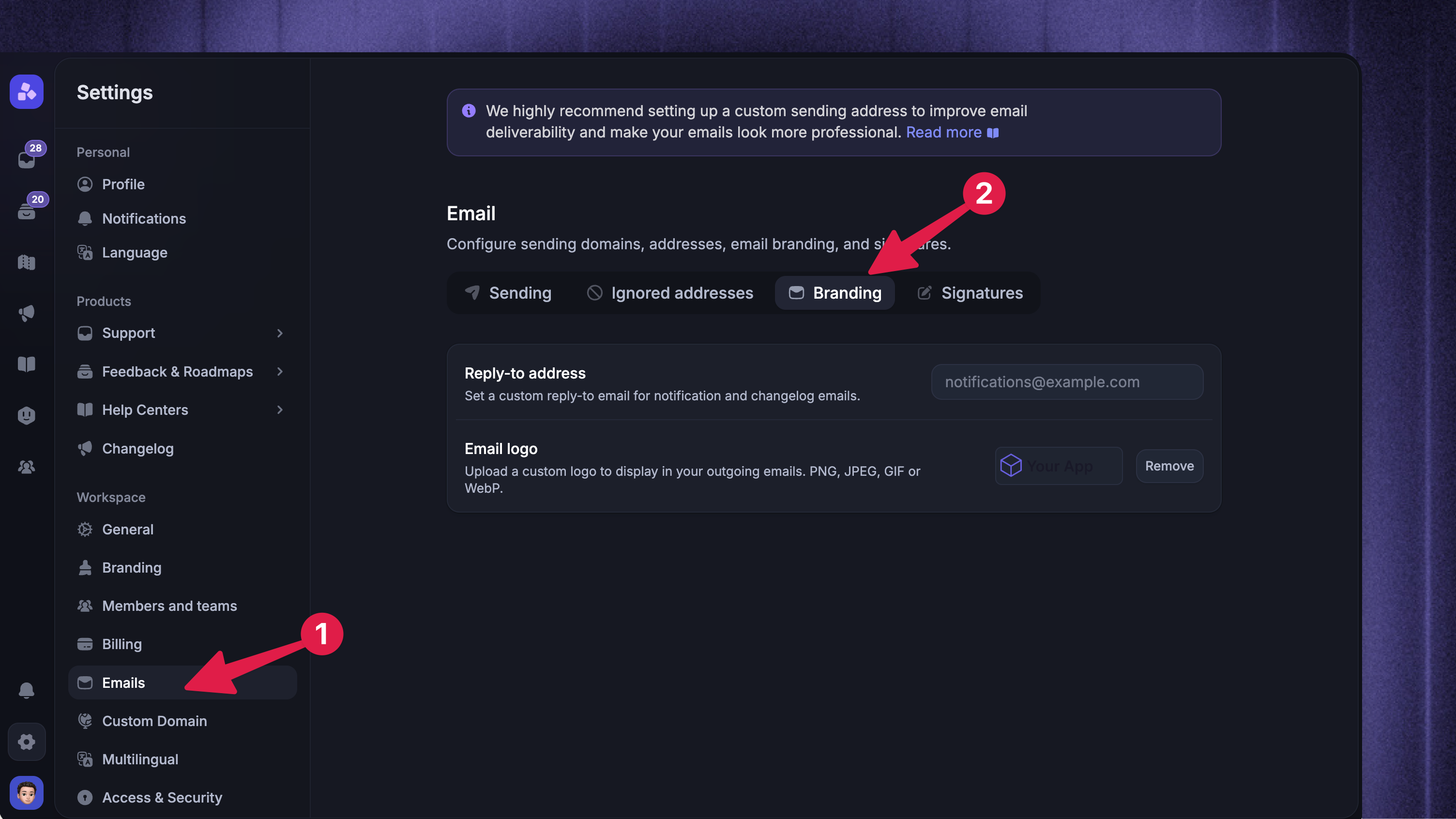 Customizing your notification emails with a custom logo and reply-to address.