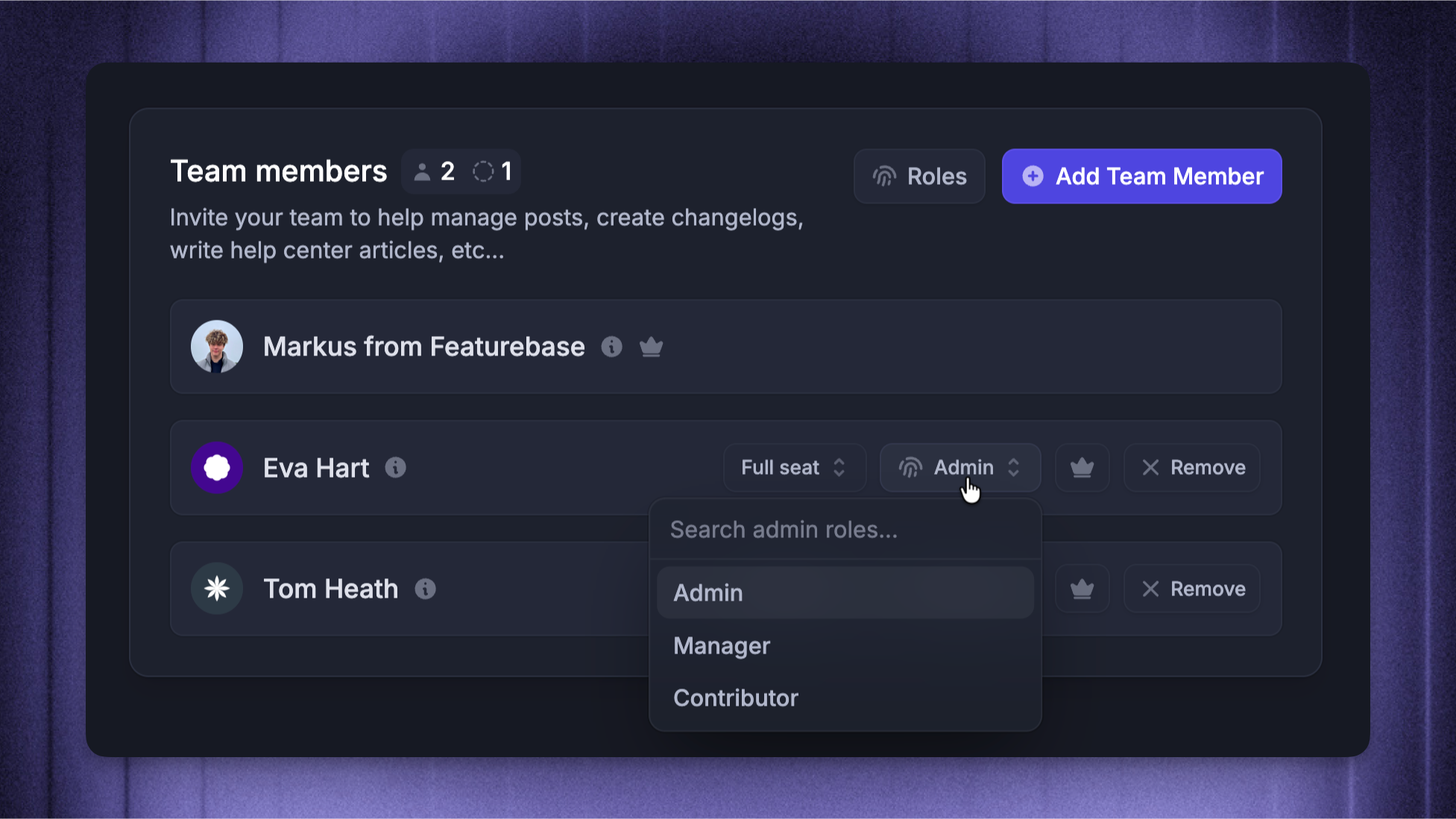Admin roles for team members.