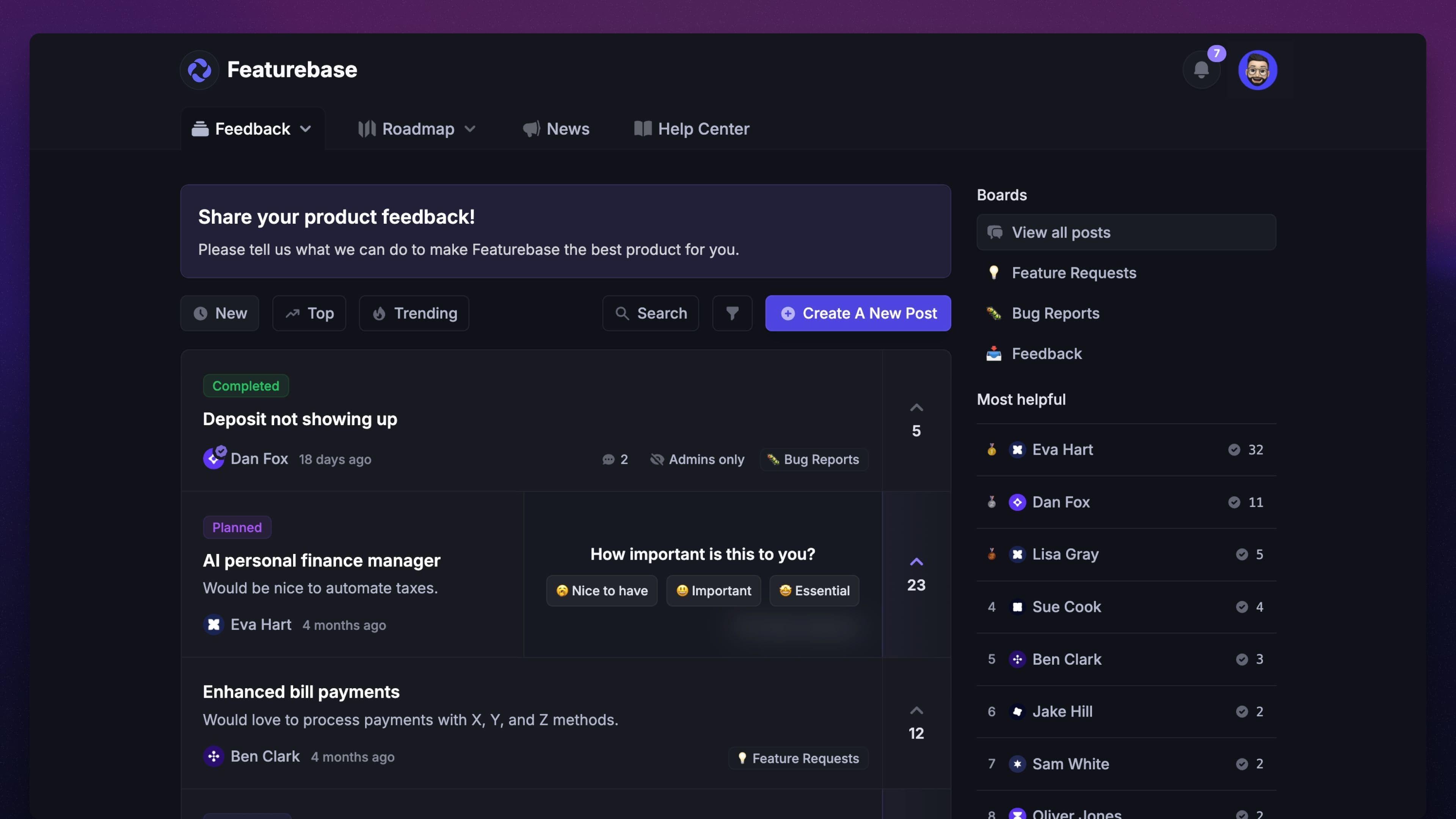 Main Featurebase's feedback portal view showing feedback boards, new post button, sorting options, and helpful user rankings.