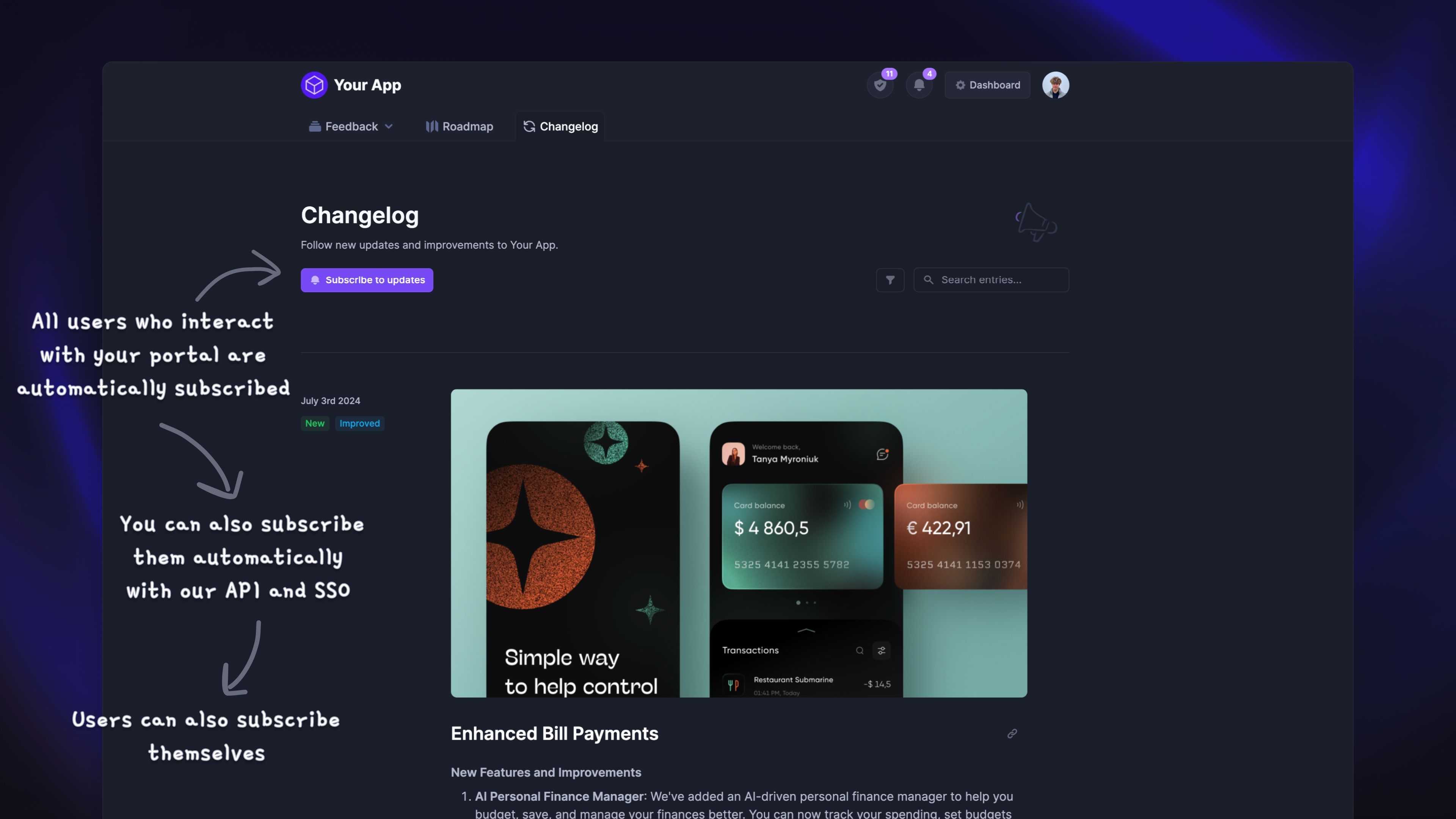 Different methods of subscribing users to the changelog.