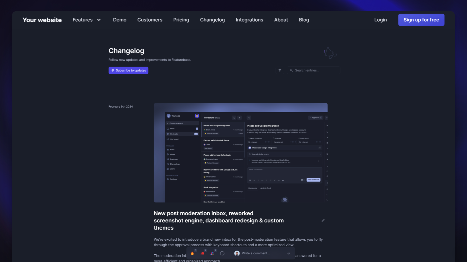 Embedded changelog view to a website.