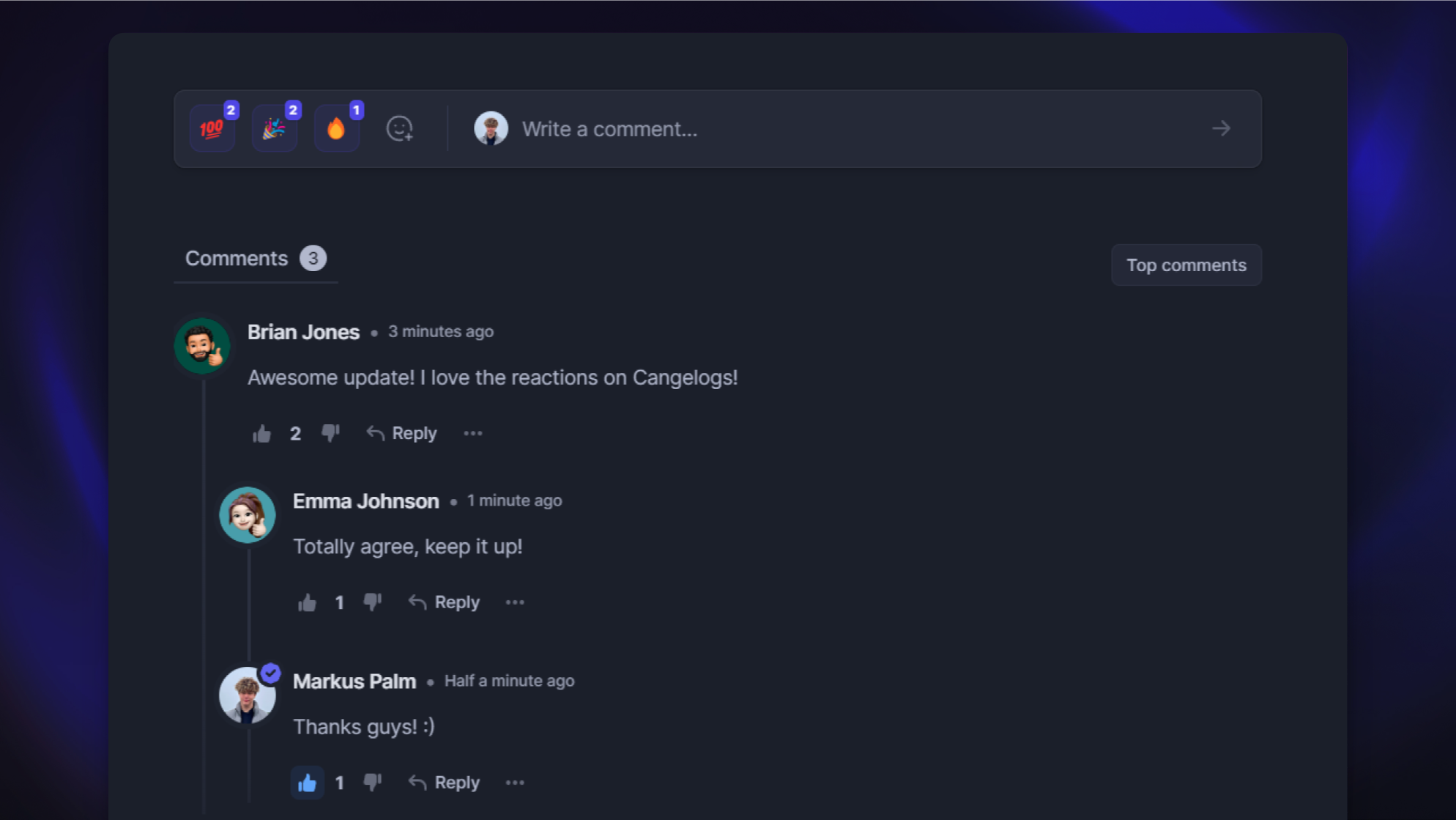 Changelog comments and reactions.