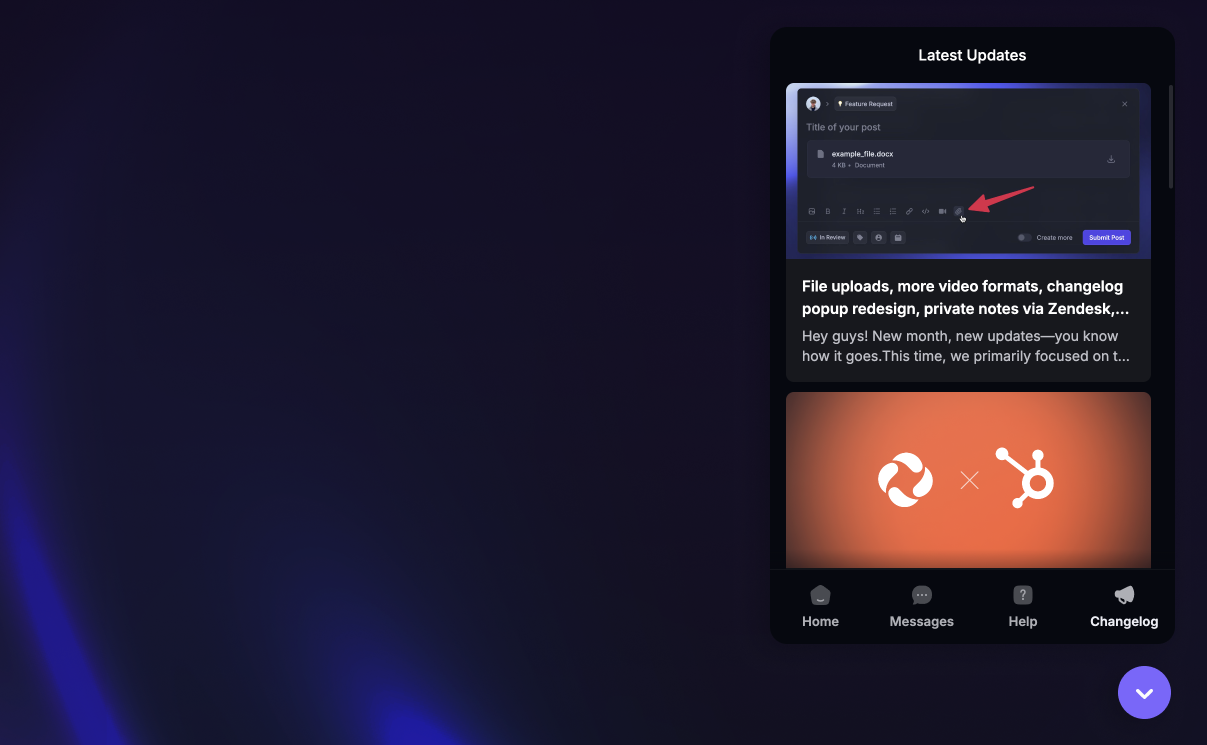 Changelog tab in the Messenger widget.