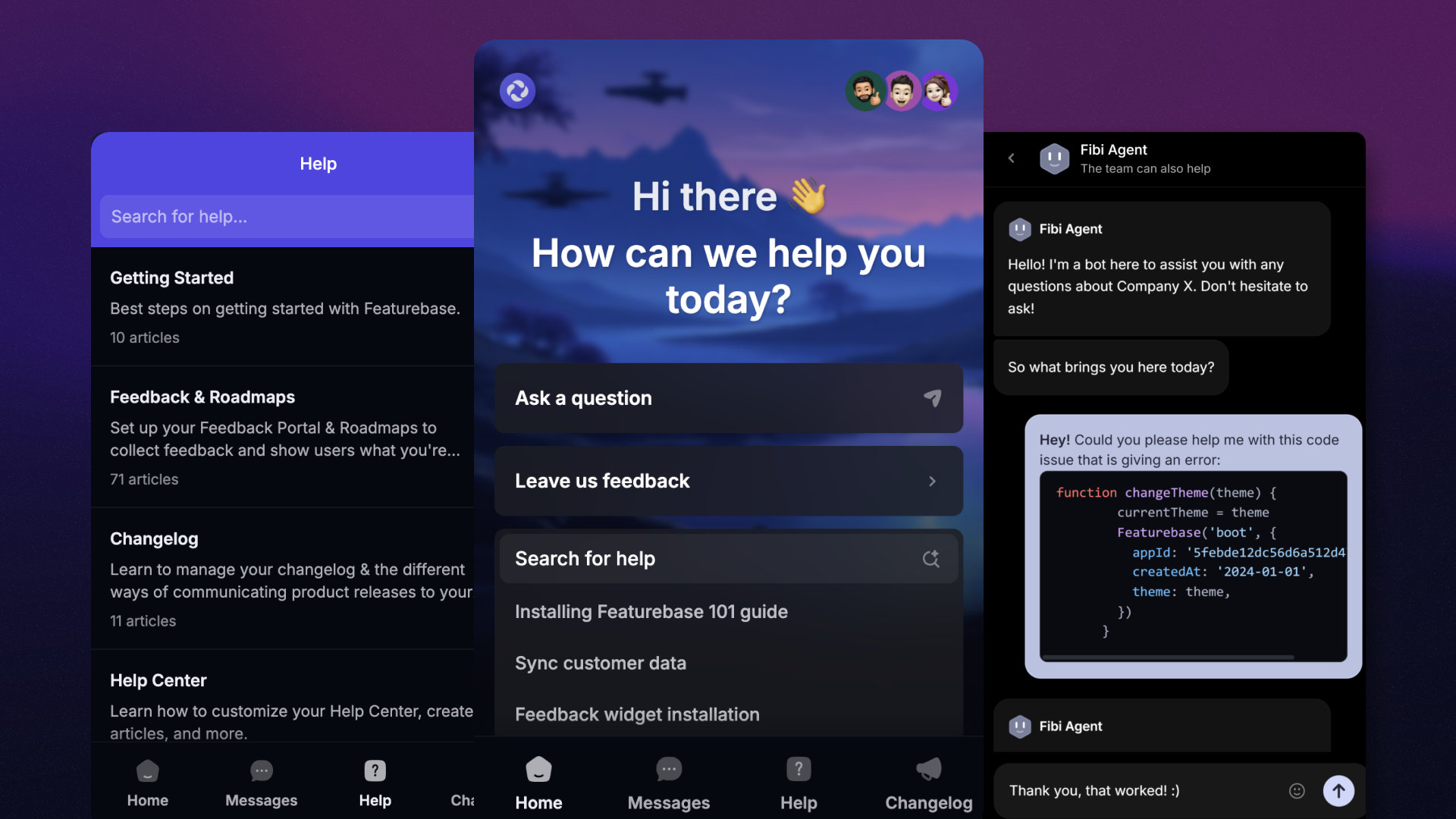 In-app Messenger widget that includes a Help Center tab.