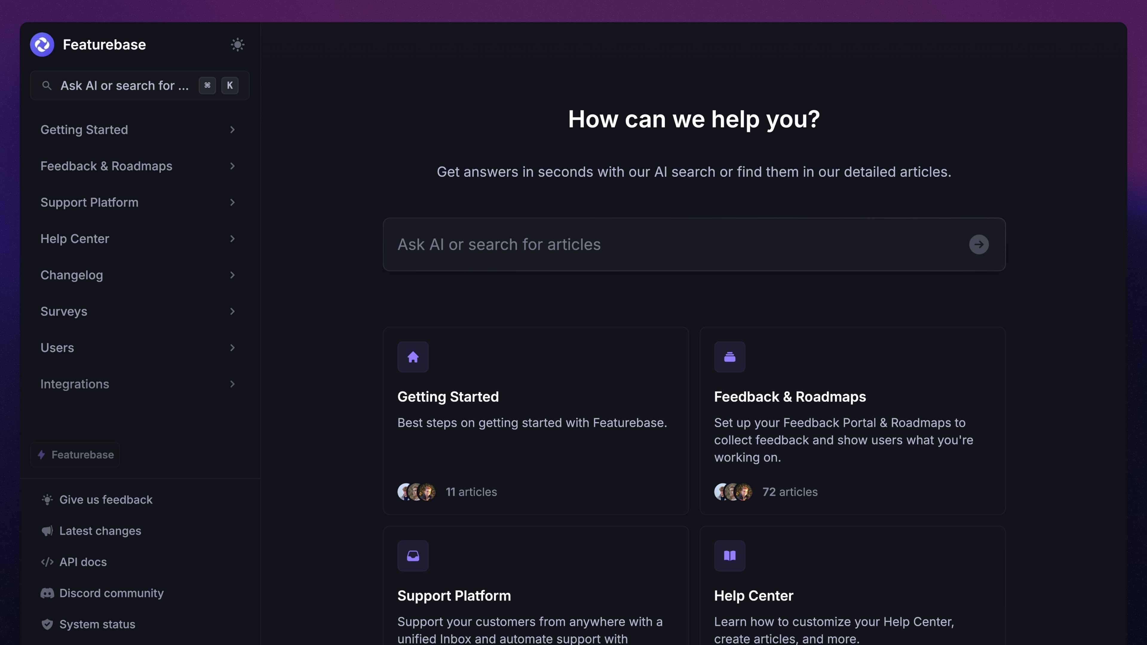 Featurebase's Help Center product.