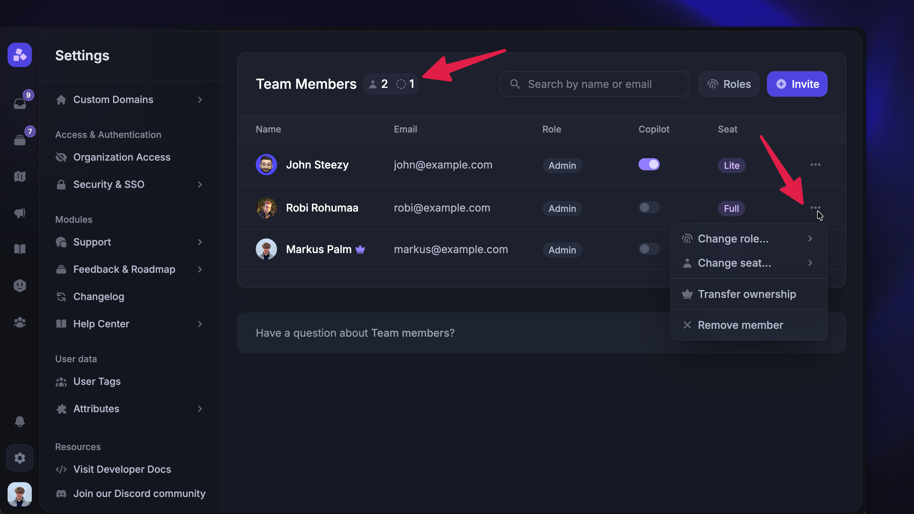 Managing seats, admin roles, seat types, and more from Settings.