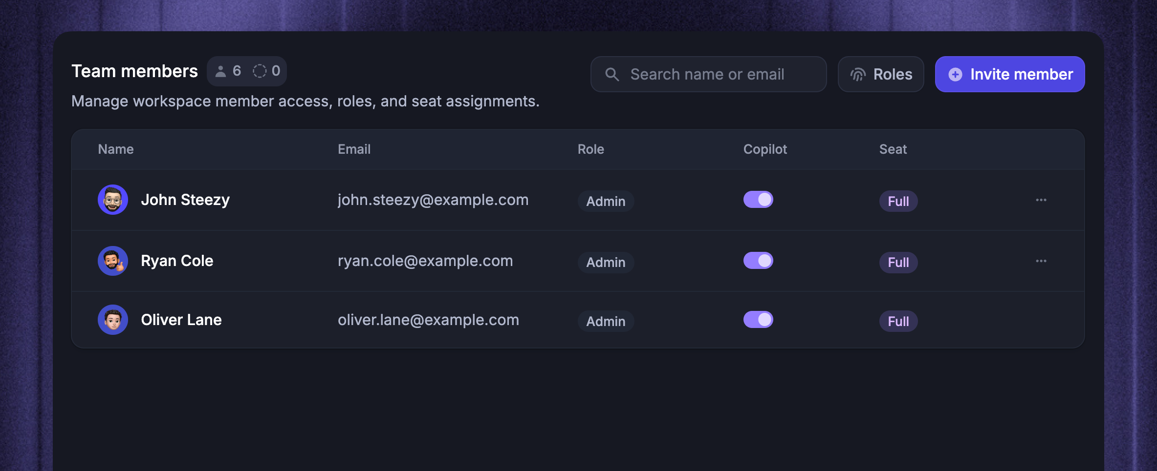 Teammembers settings page with full and lite seats.