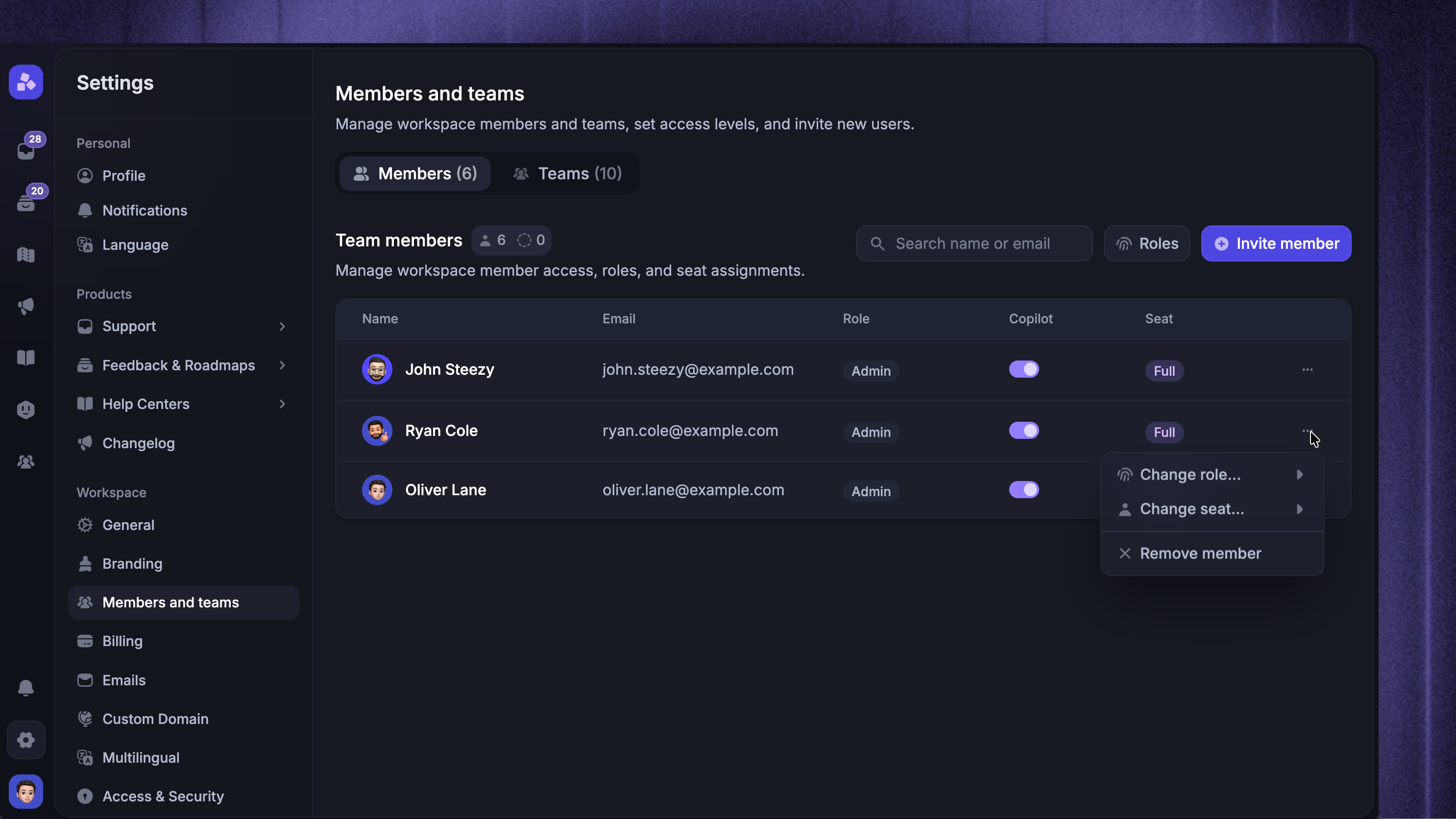 Managing seats, admin roles, seat types, and more from Settings.