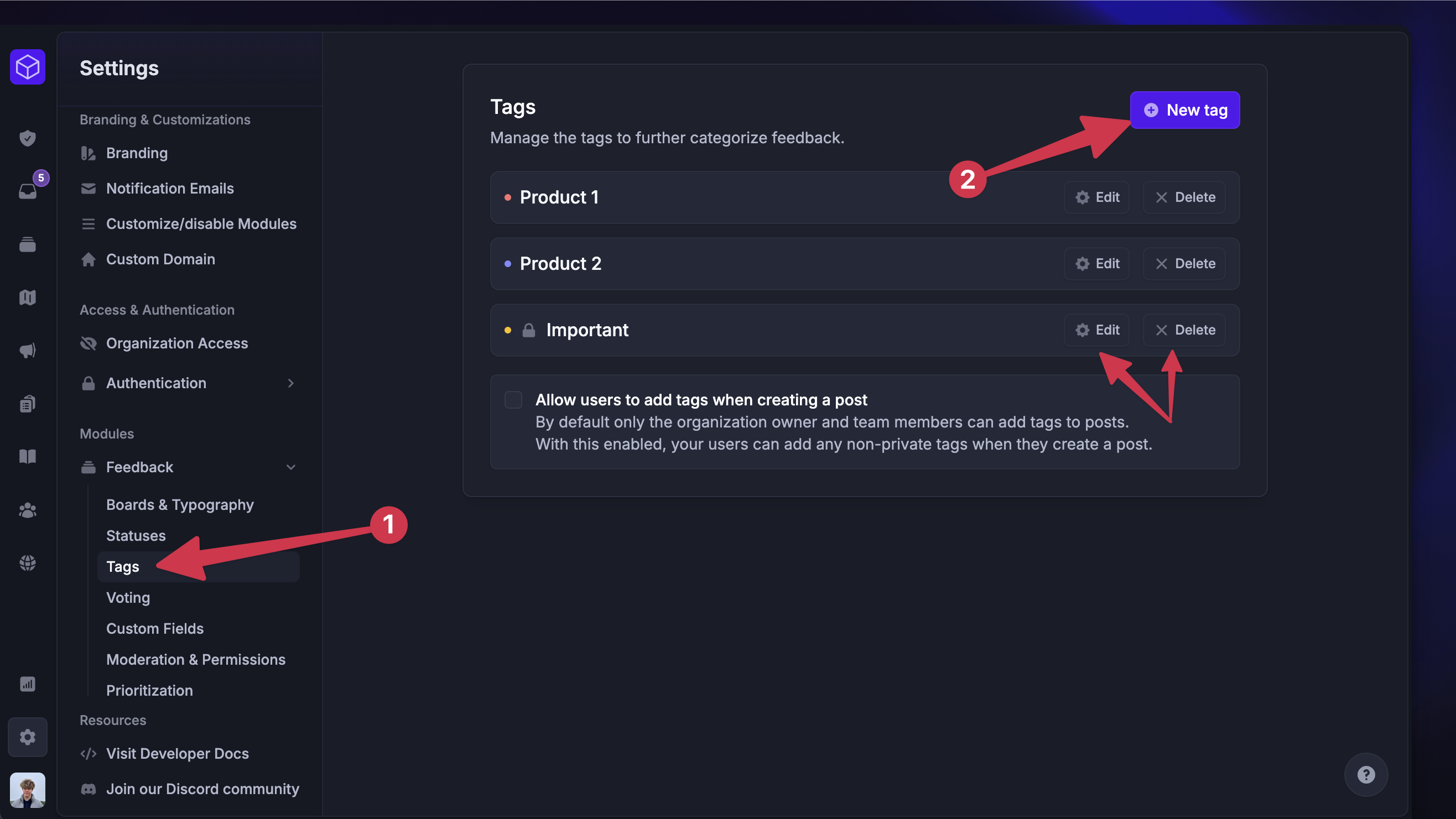 Creating feedback post tags.