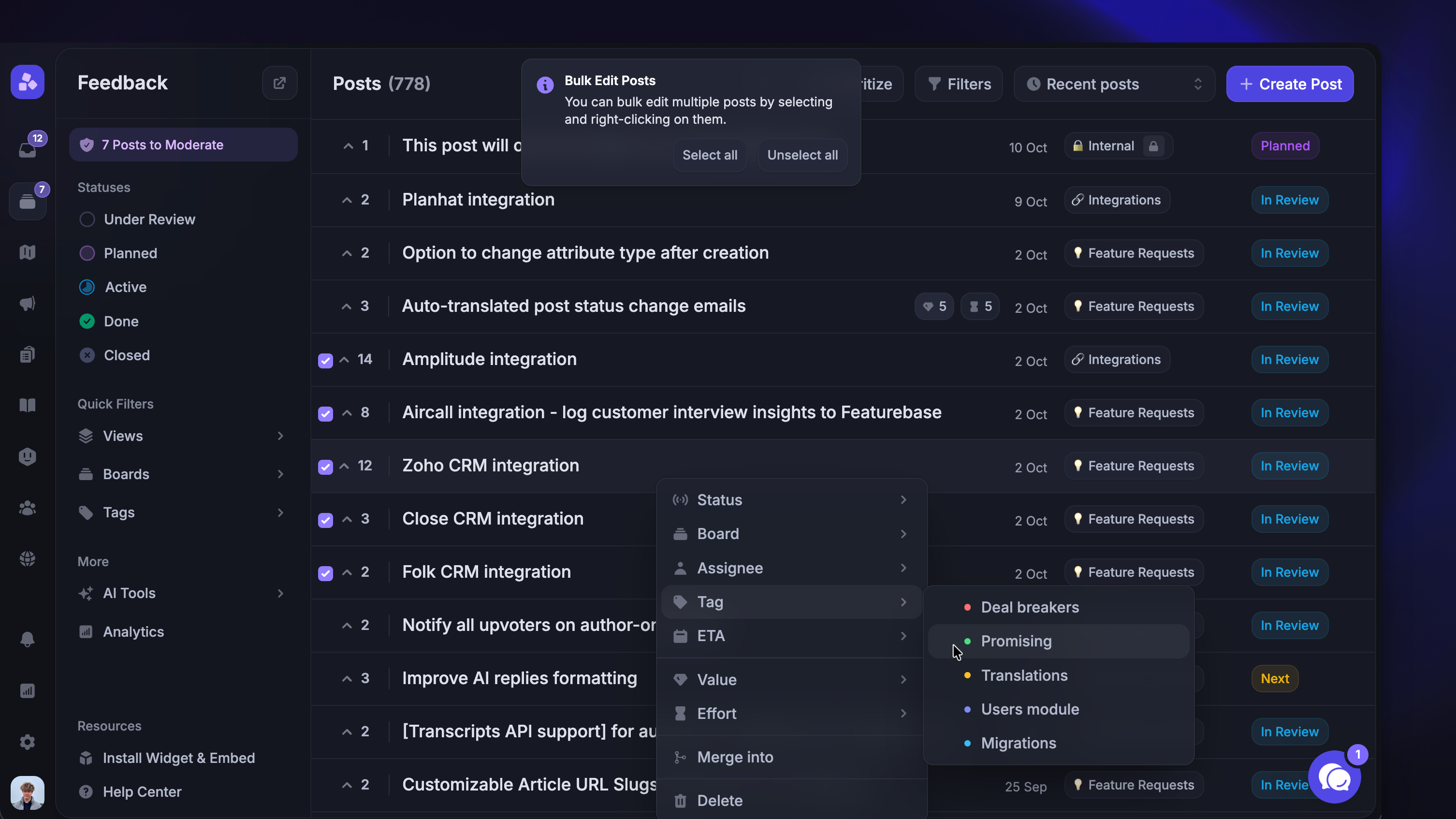 Bulk-tagging posts manually by selecting them and right-clicking.
