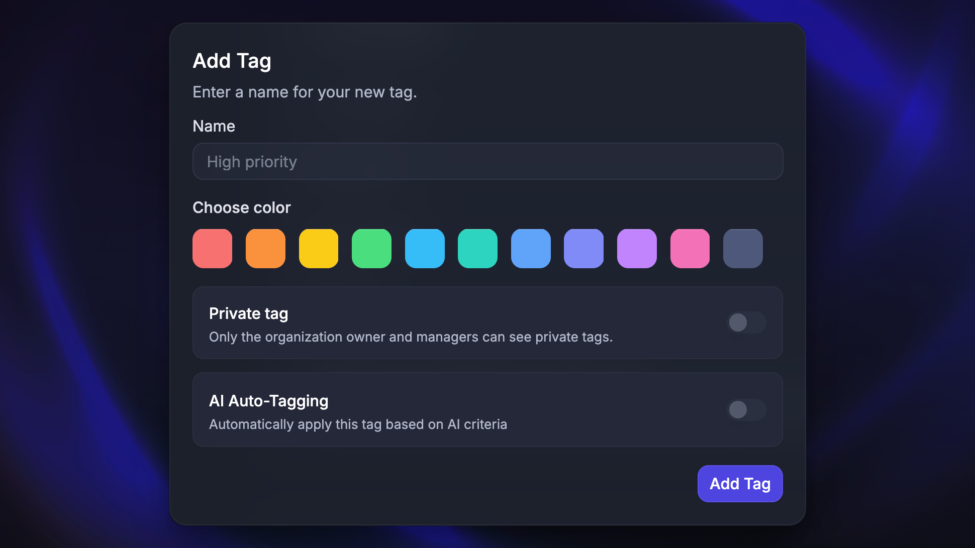 Feedback post tag settings, enabling you to turn it to private or enable AI auto-tagging.