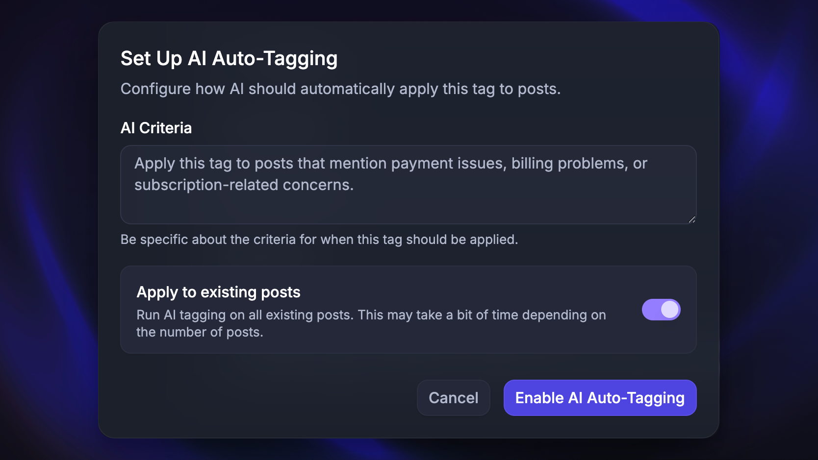 Enabling and configuring AI Auto-tagging for a tag.
