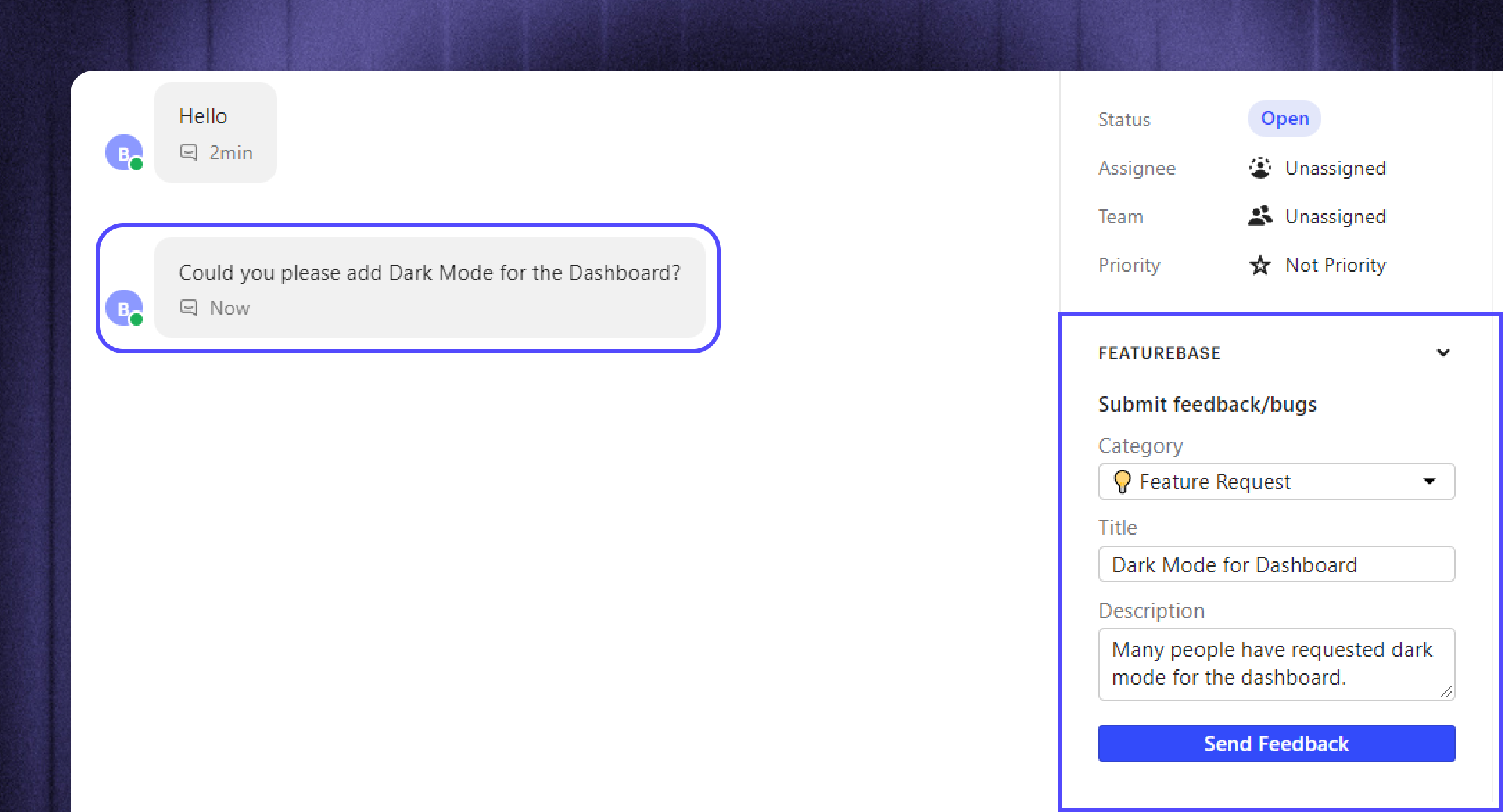 Submitting feedback through Intercom's integration.