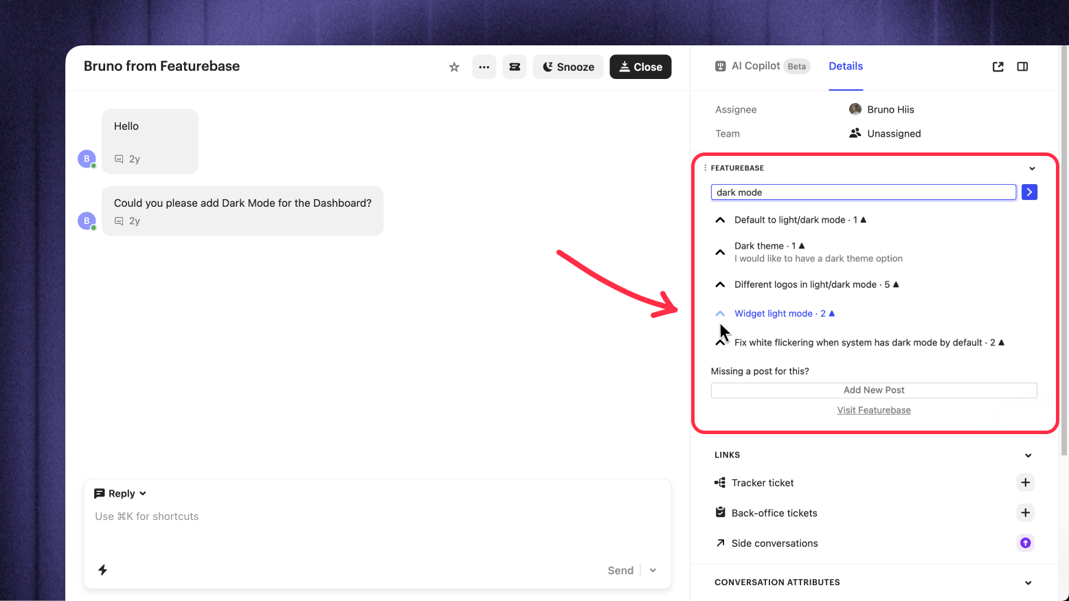 Submitting feedback through Intercom's integration.