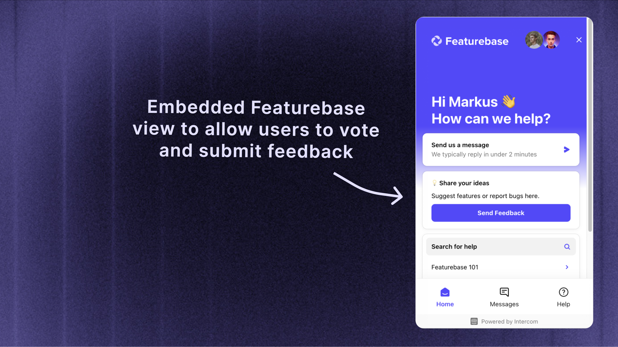 Featurebase's feedback card in Intercom's live chat widget.