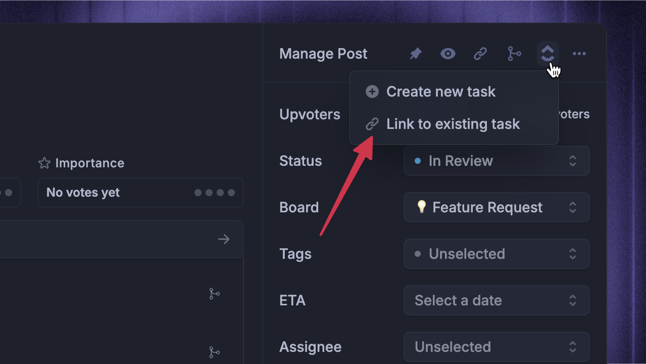 Linking Featurebase posts to existing ClickUp tasks.