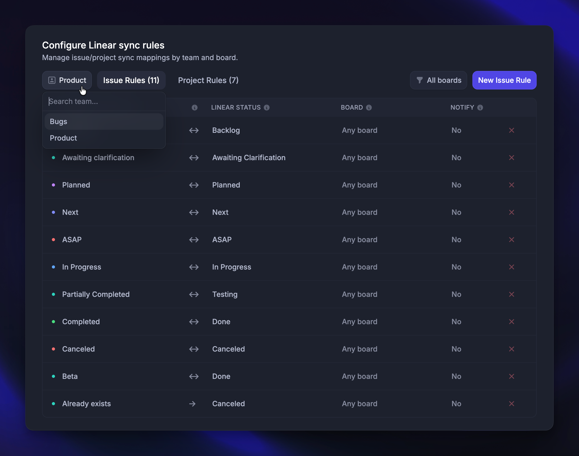 Linear integration sync rules configuration.