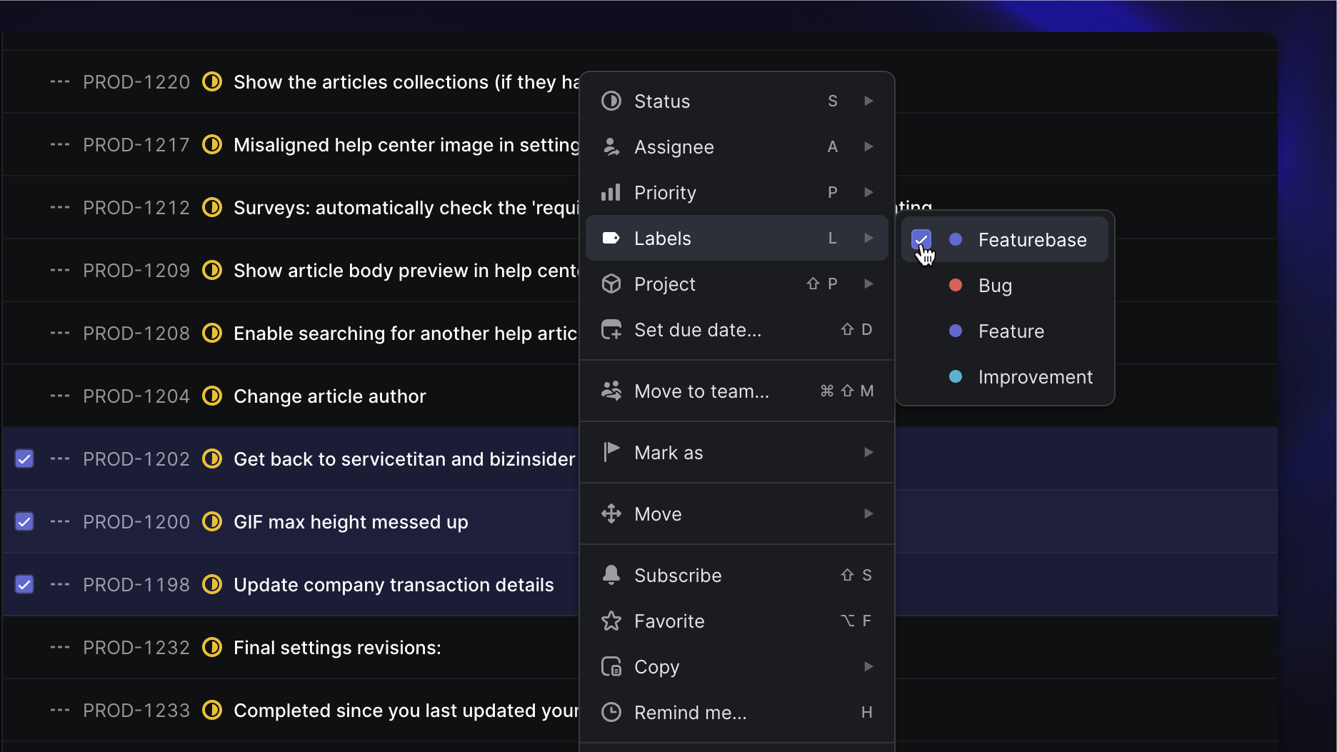 Pushing Linear issues to Featurebase with a Featurebase label.