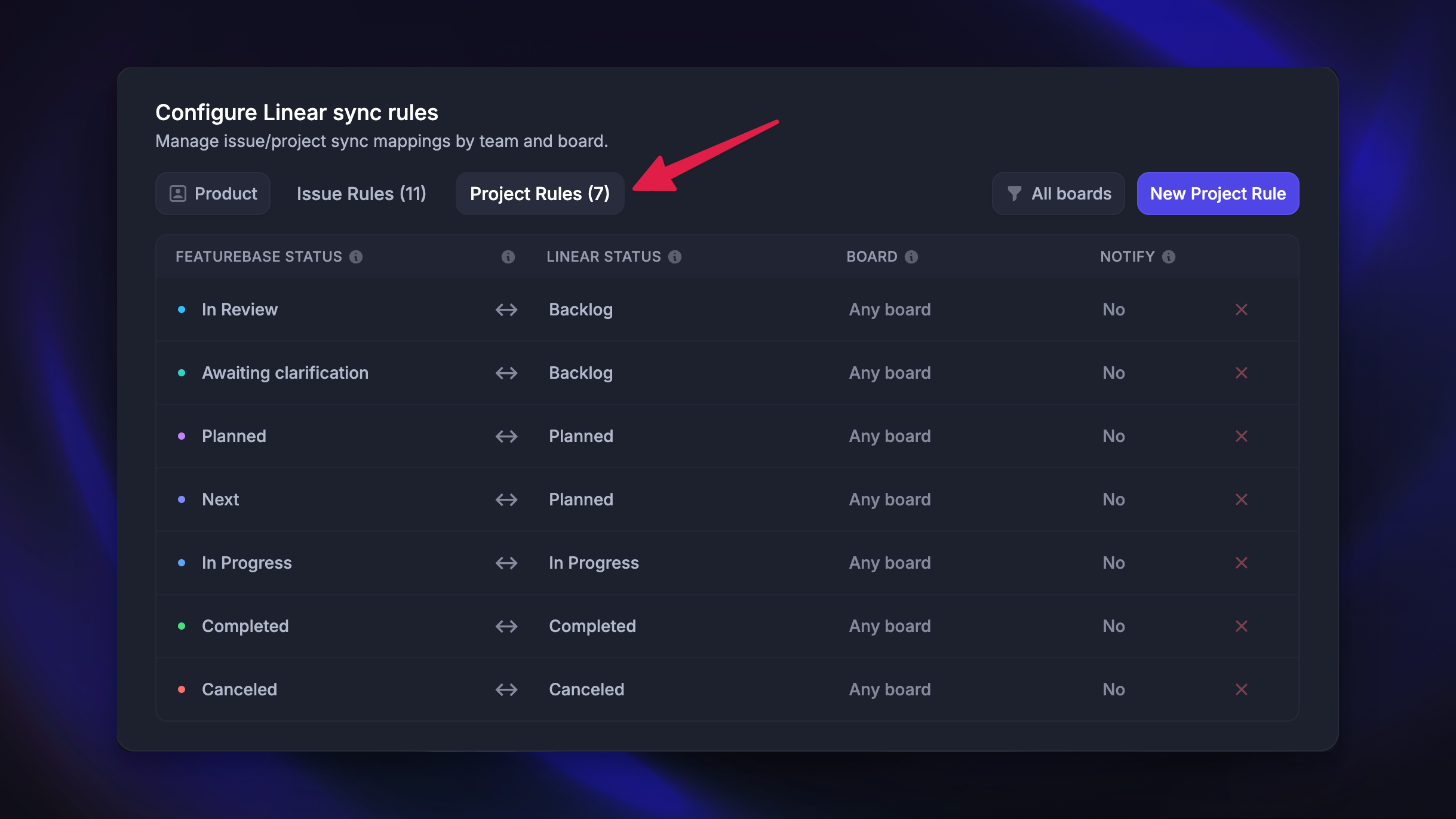 Creating sync rules for Linear projects to sync to Featurebase.