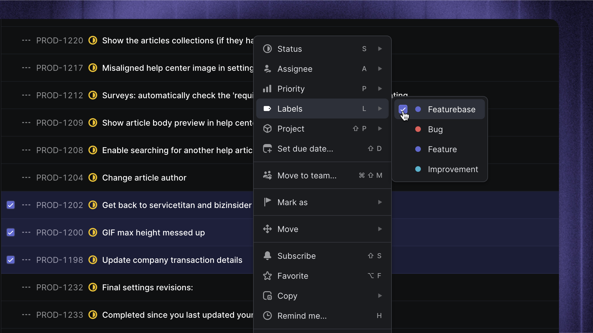 Pushing Linear issues to Featurebase with a Featurebase label.