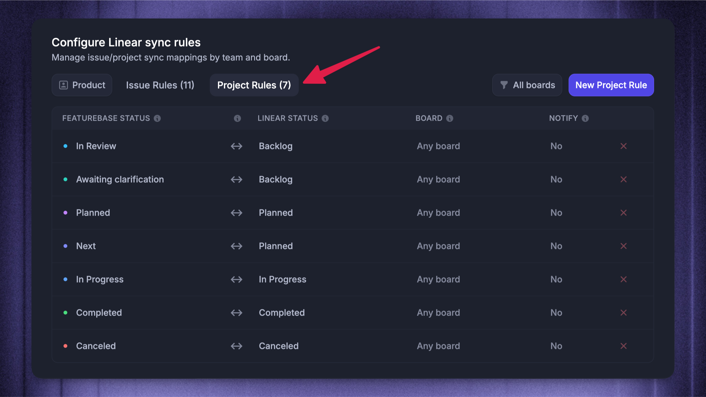 Creating sync rules for Linear projects to sync to Featurebase.