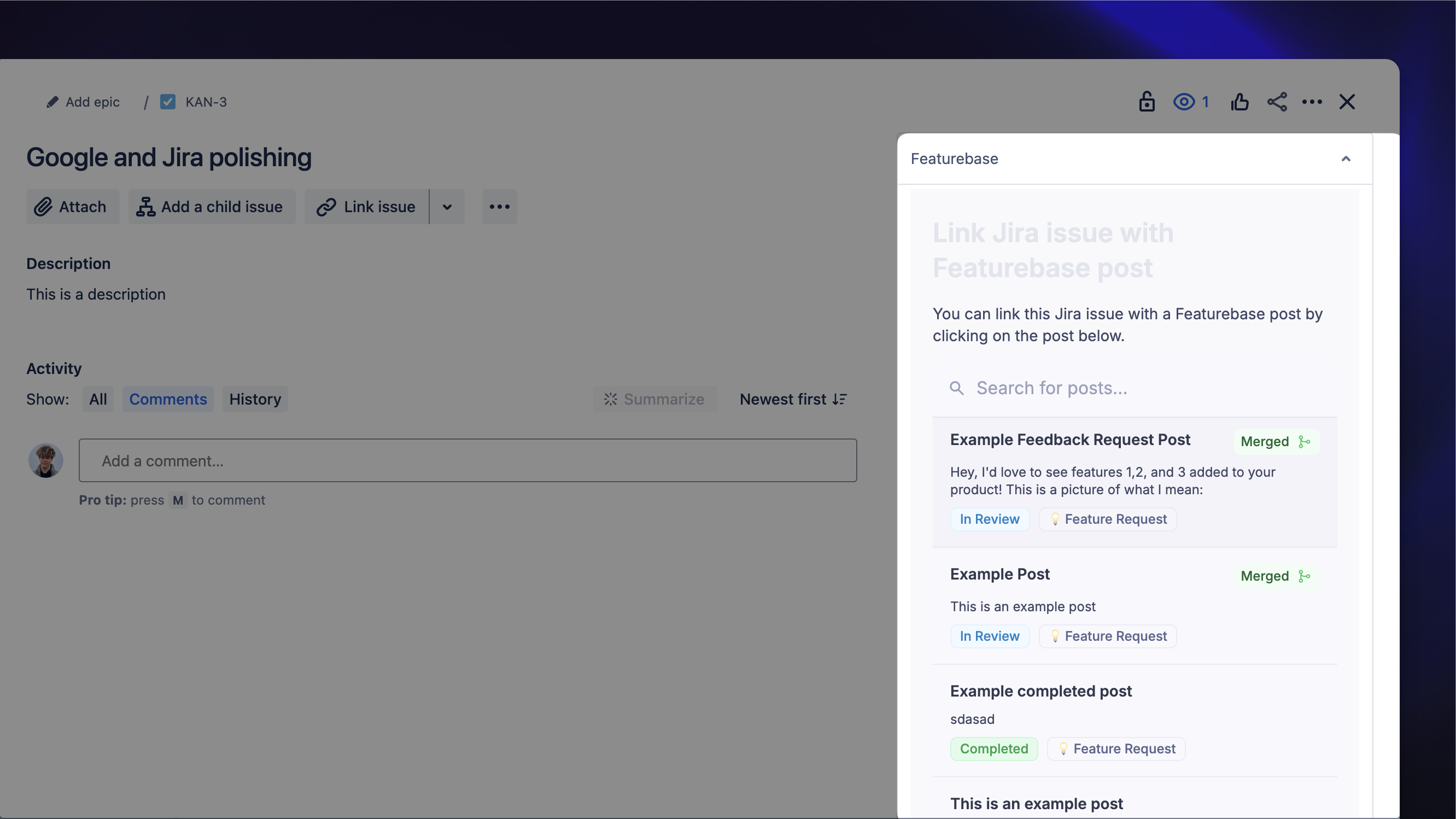 Viewing Featurebase posts along with comments from Jira.