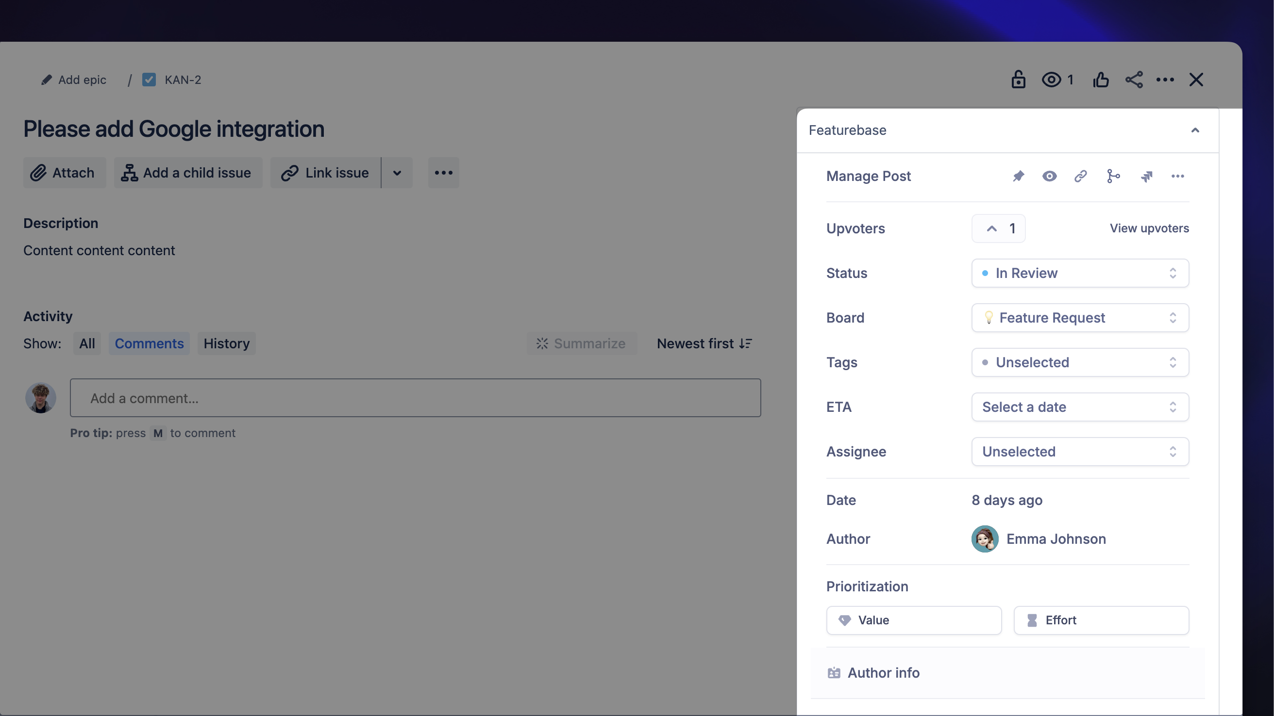 Viewing Featurebase posts data from Jira.
