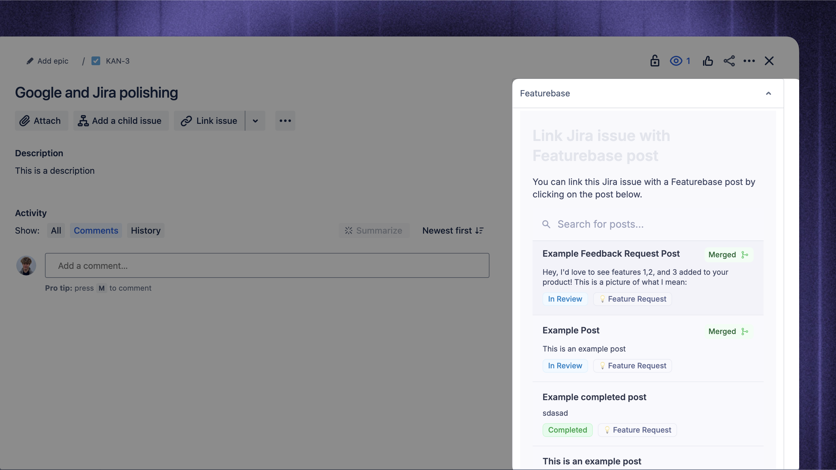 Viewing Featurebase posts along with comments from Jira.