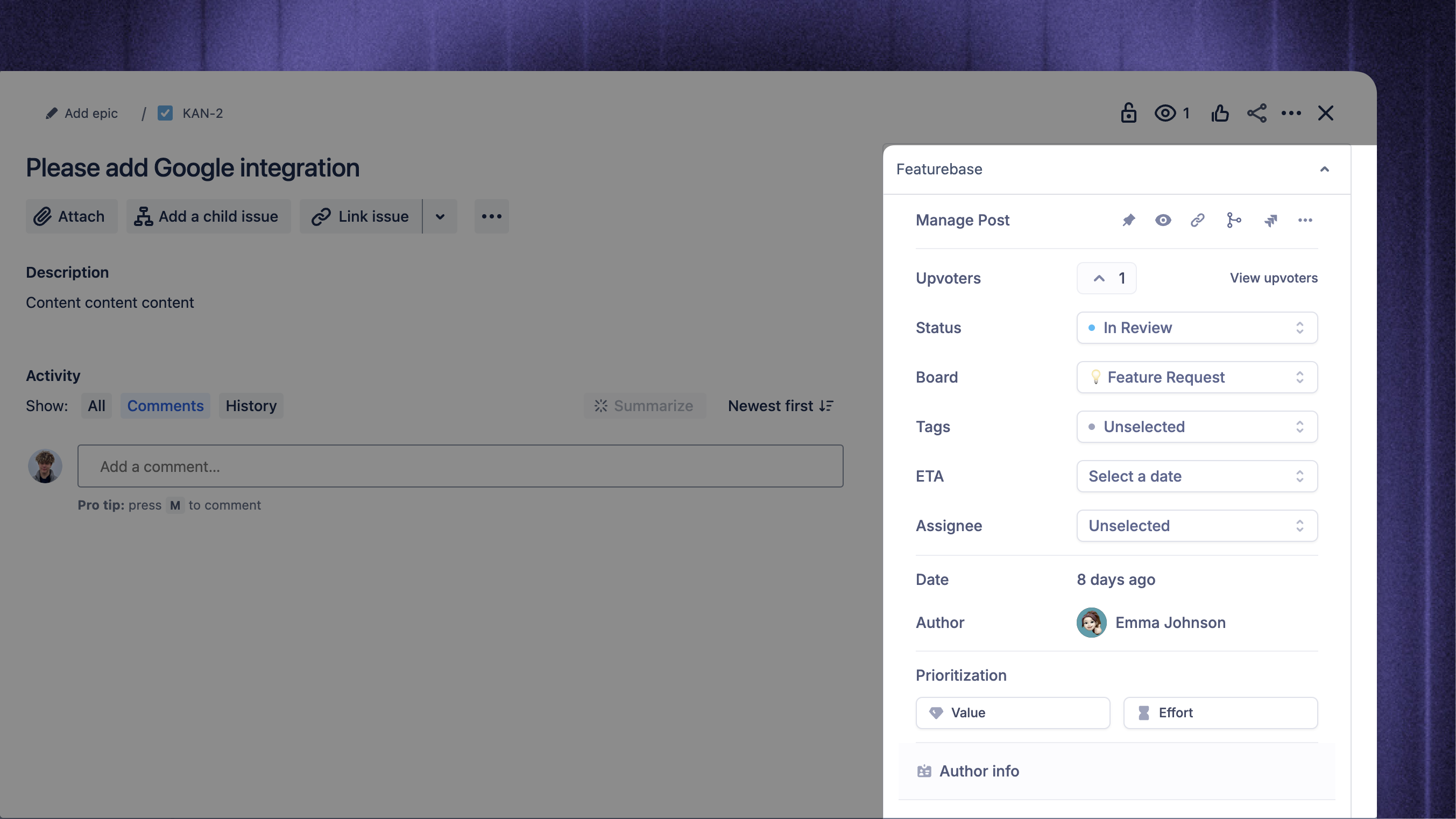Viewing Featurebase posts data from Jira.