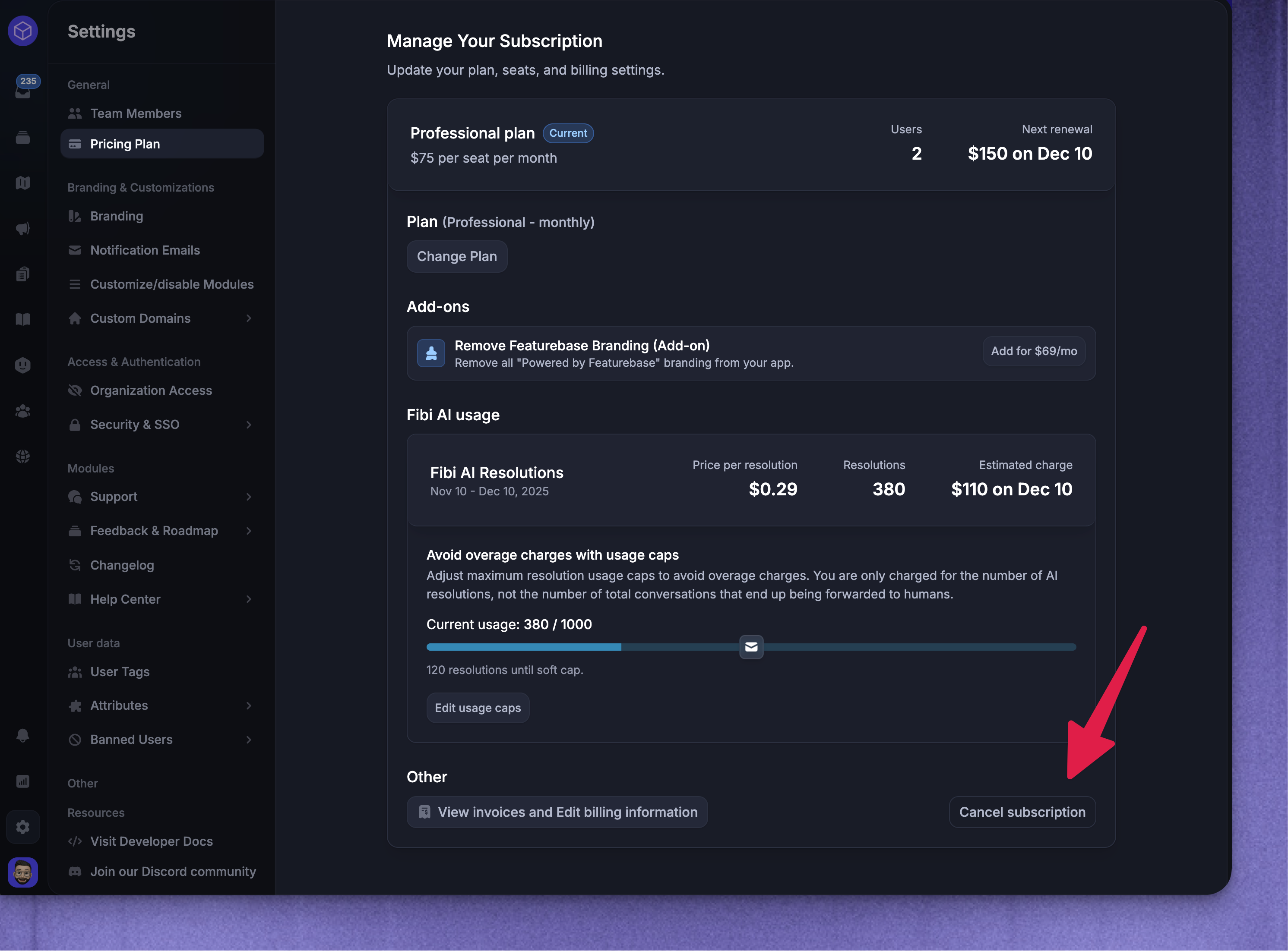 Cancellign your Featurebase subscription from the settings.
