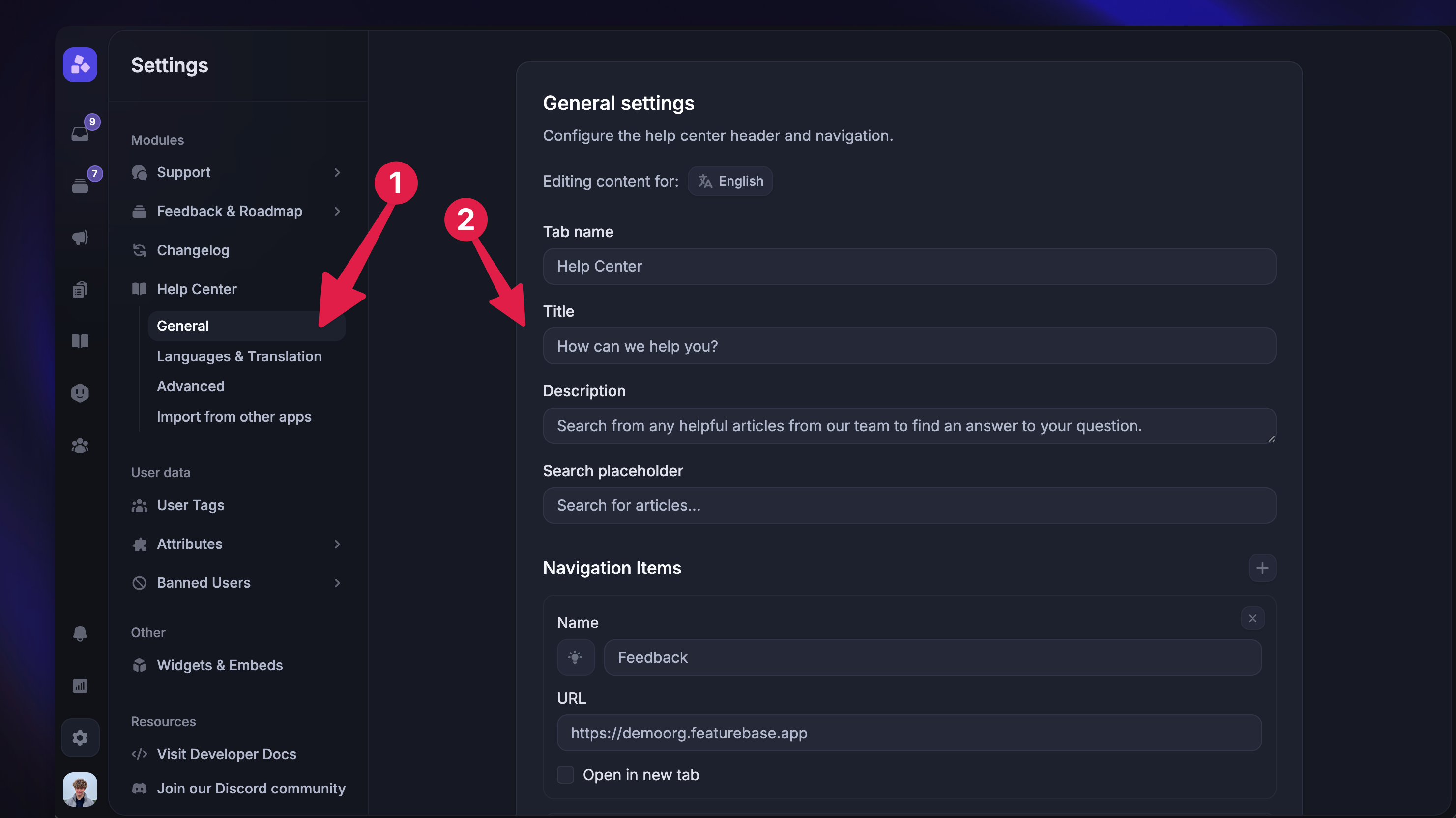 Customizing the help center's texts from settings.
