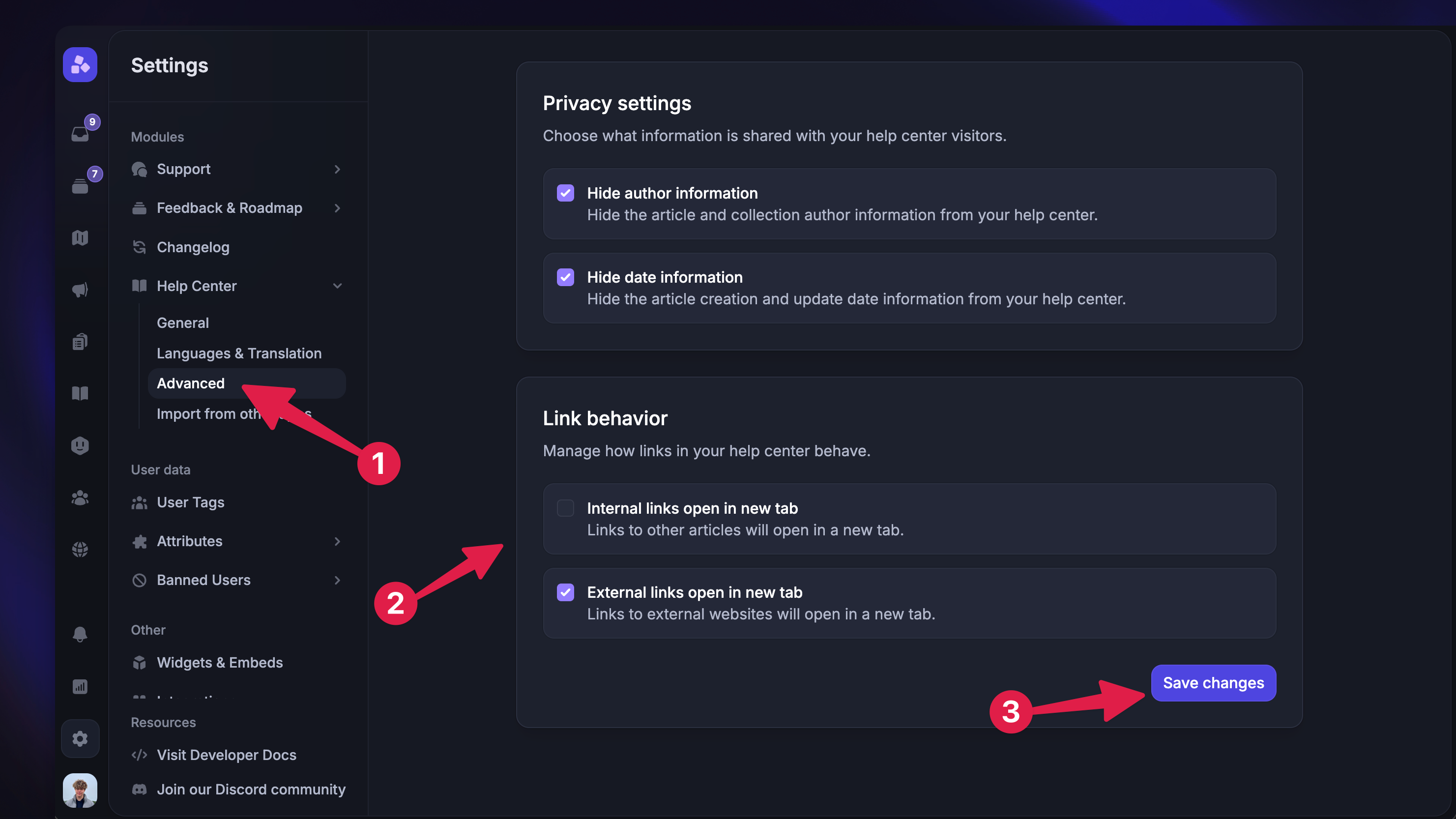 Configuring the workspace-level link behaviour for the Help Center.