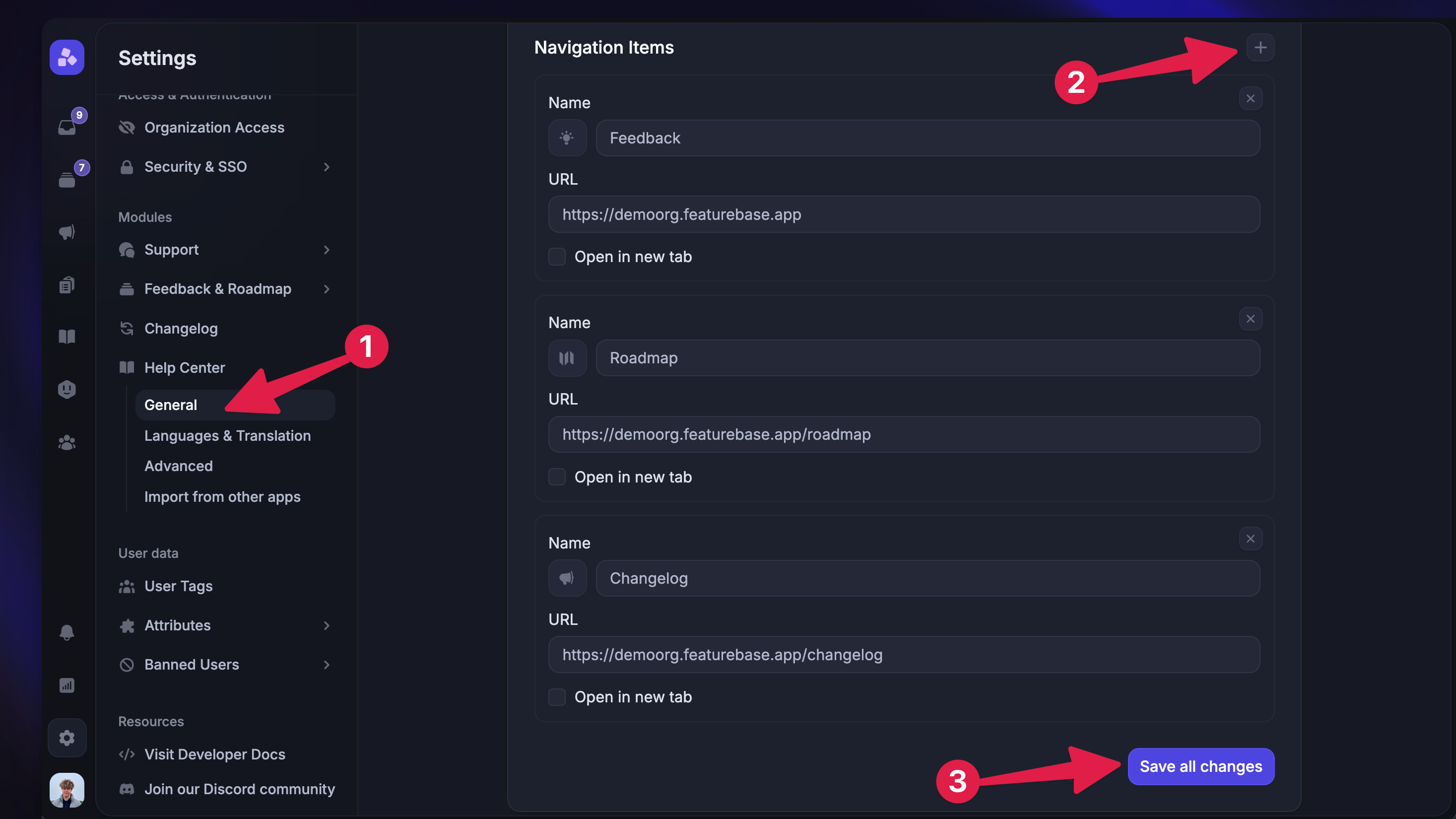 Setting up help center custom external links from settings.