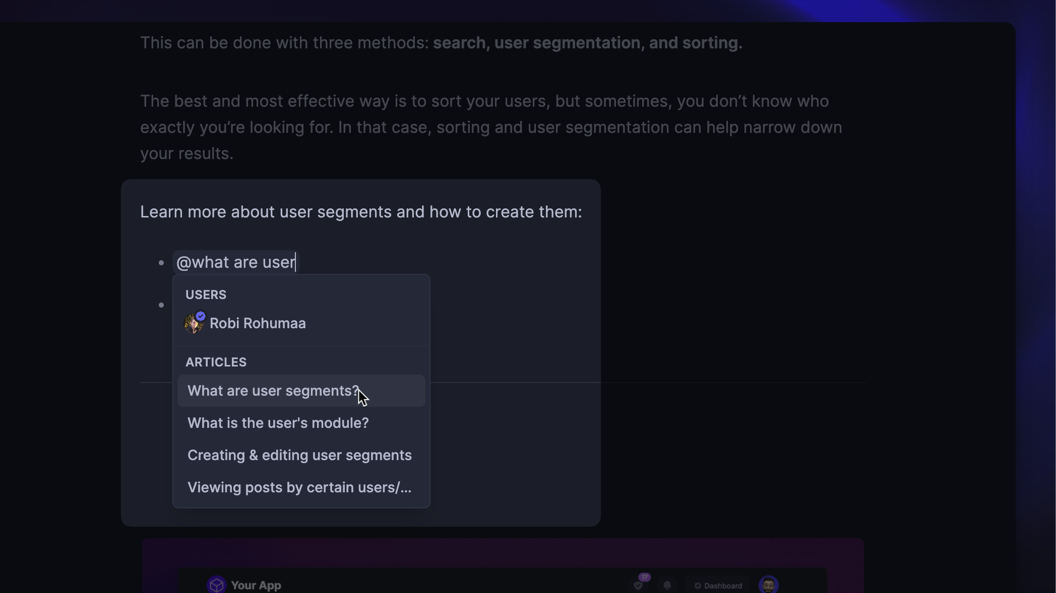 Mentioning articles in Featurebase's editor.