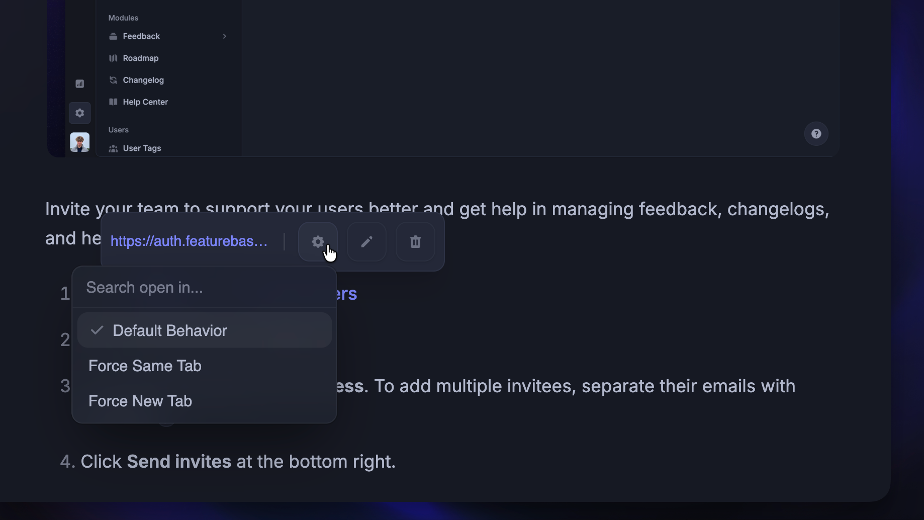 Configuring individual help center link's behaviour to force it open in the same or new tab.