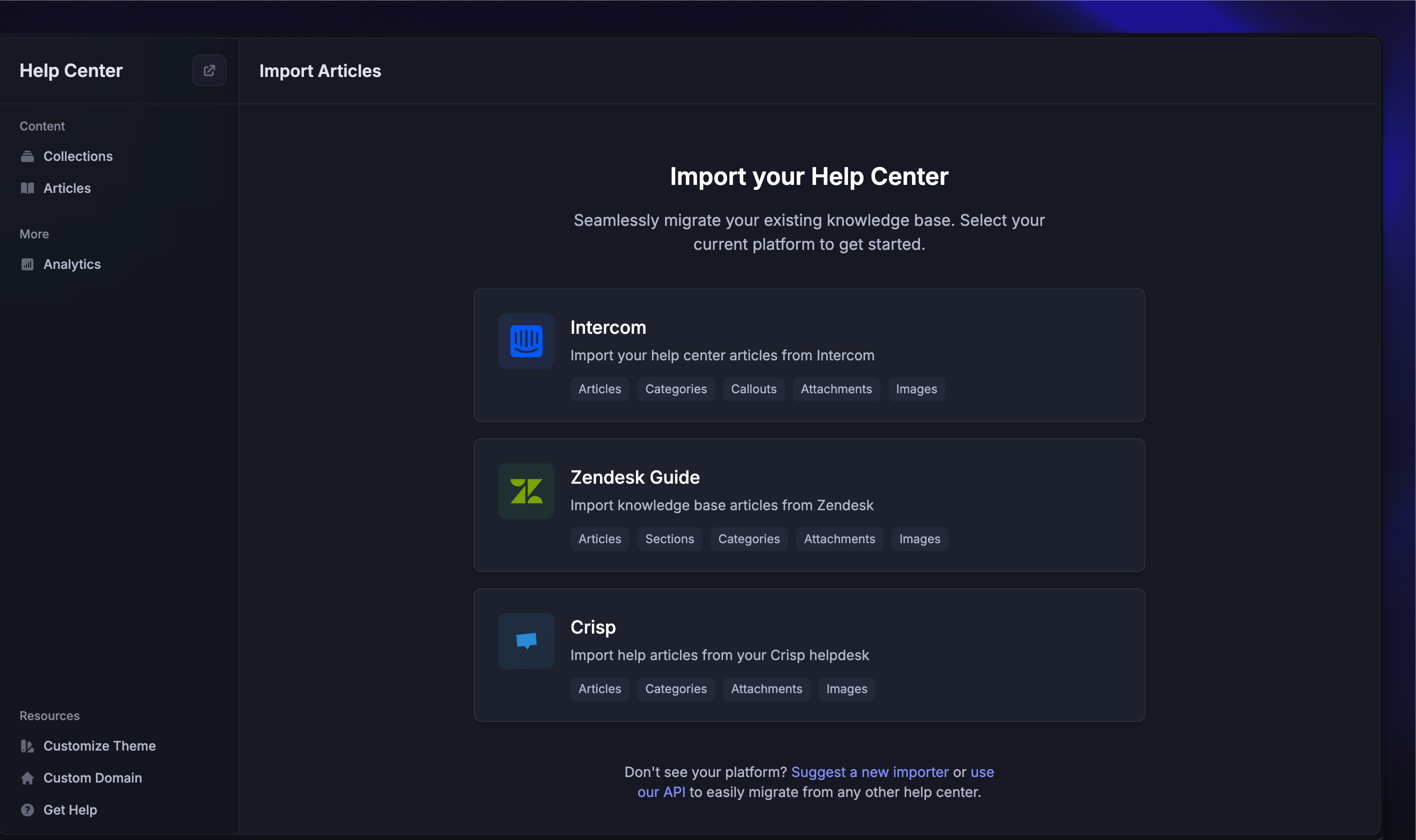 Featurebase's help center importer from Intercom, Zendesk, and Crisp.