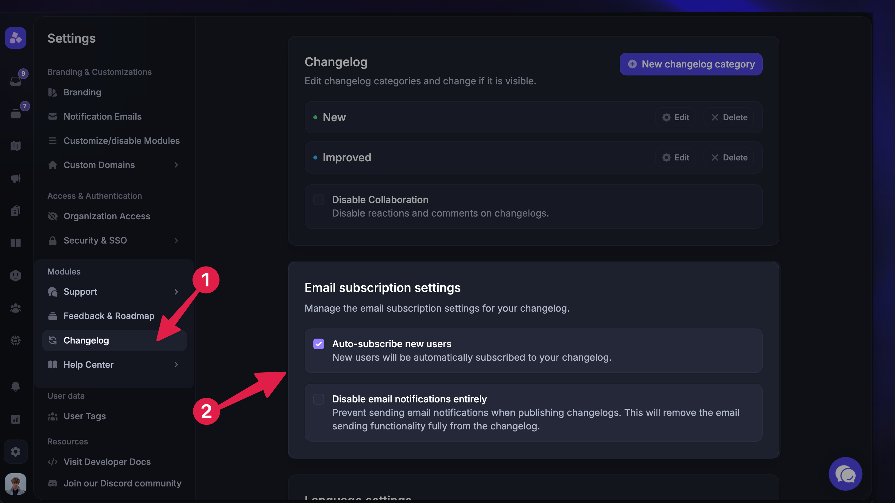 Configuring changelog subscription settings.