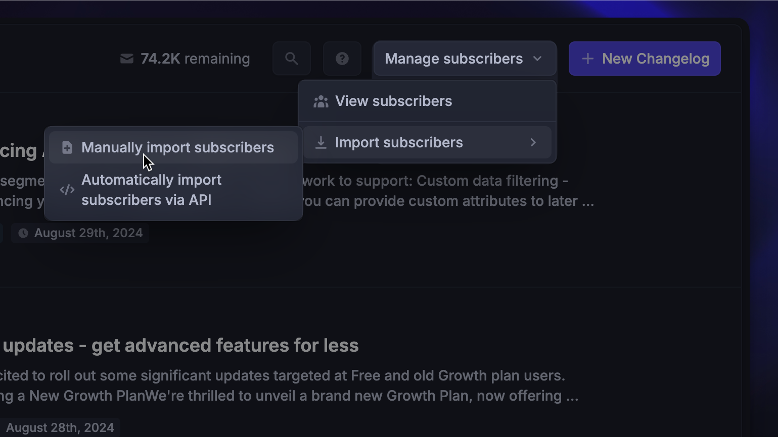 Manually importing changelog subscribers.