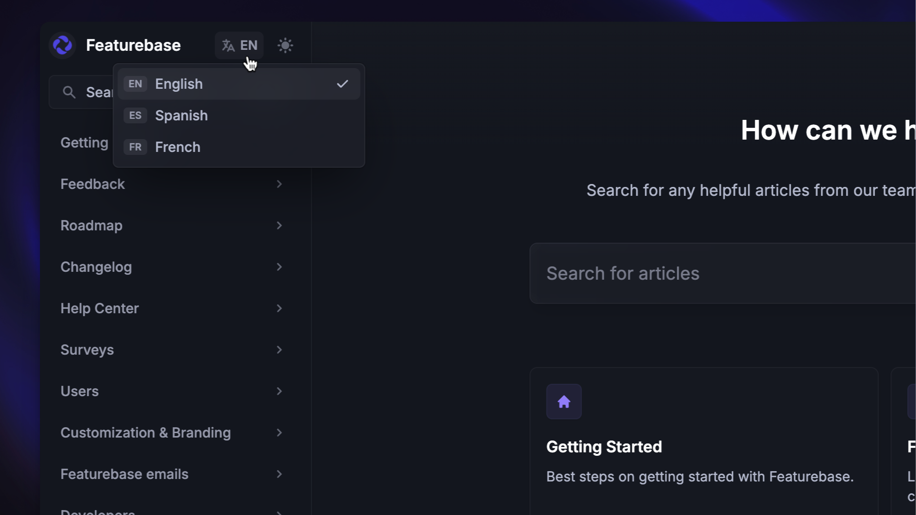 Multilingual help center in Featurebase.