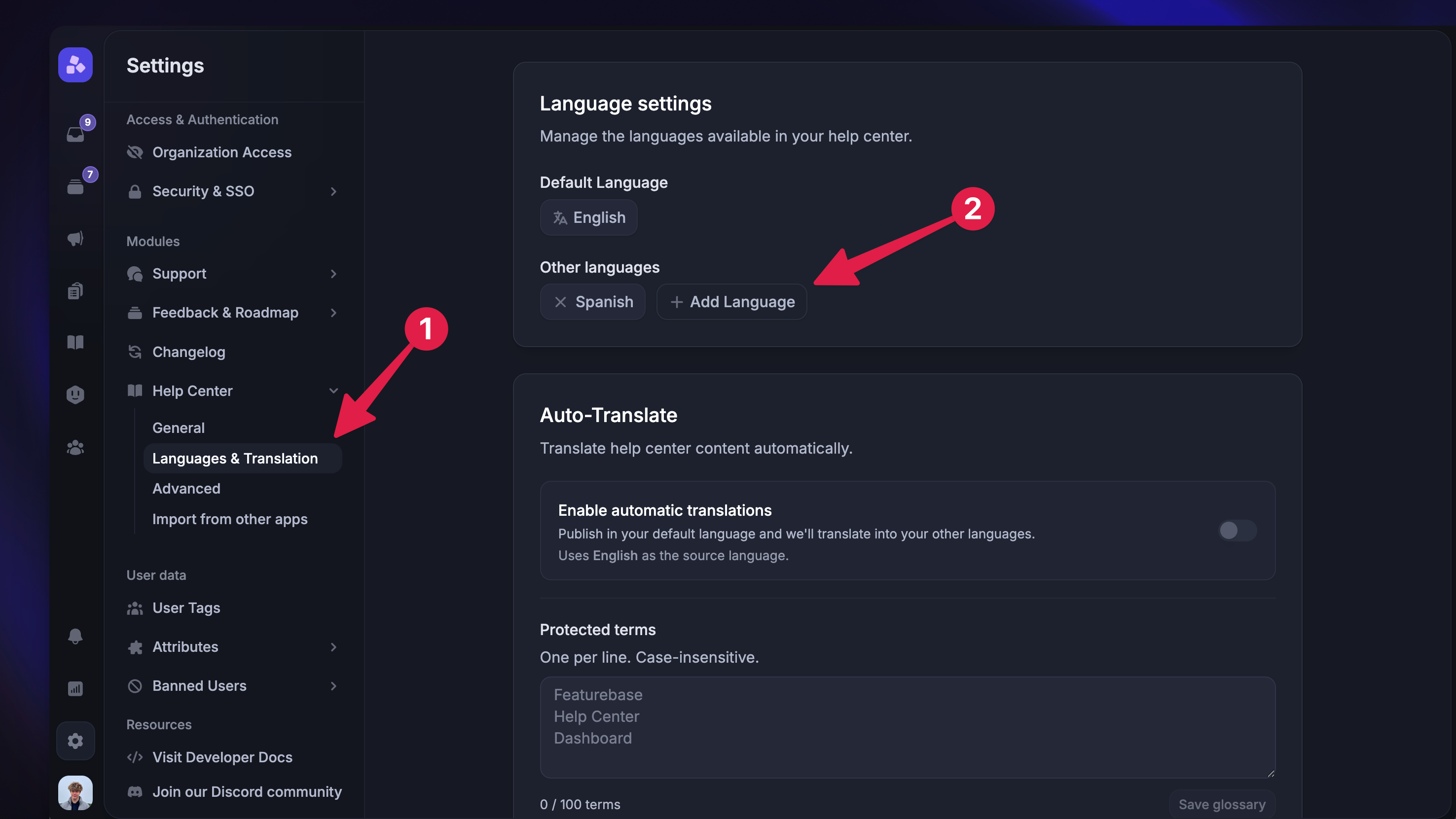 Setting up multilingual support in the help center's settings.