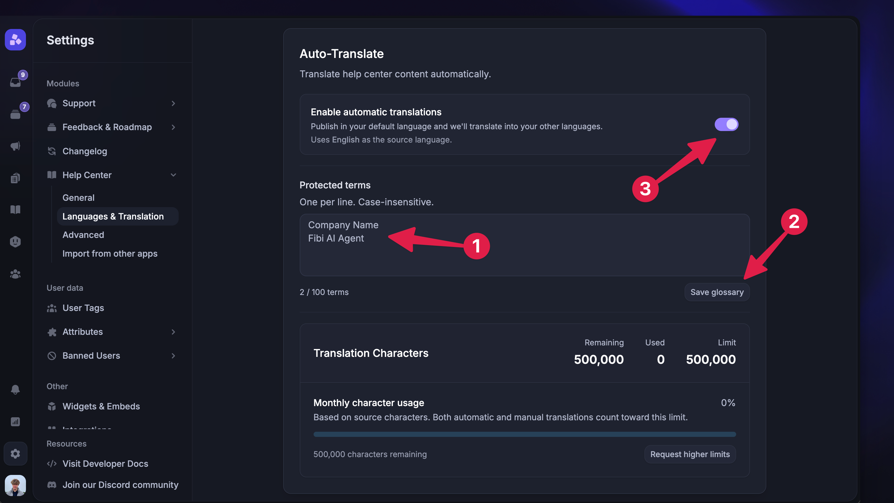 Enabling automatic AI help center translations with protected glossary terms.