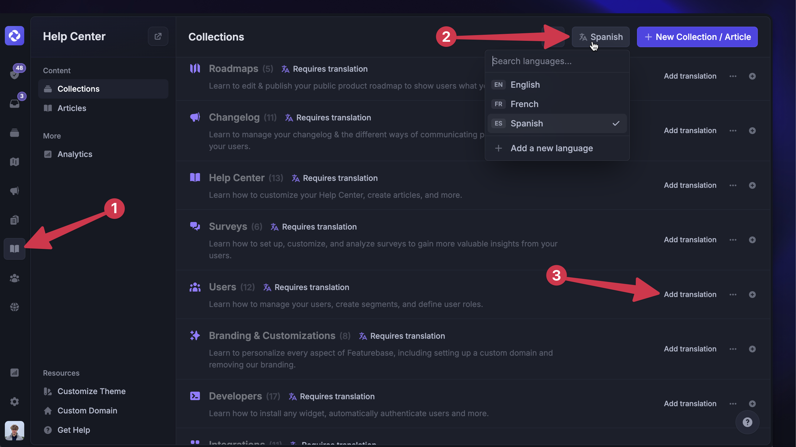 Starting the manual help article translation process from the dashboard.