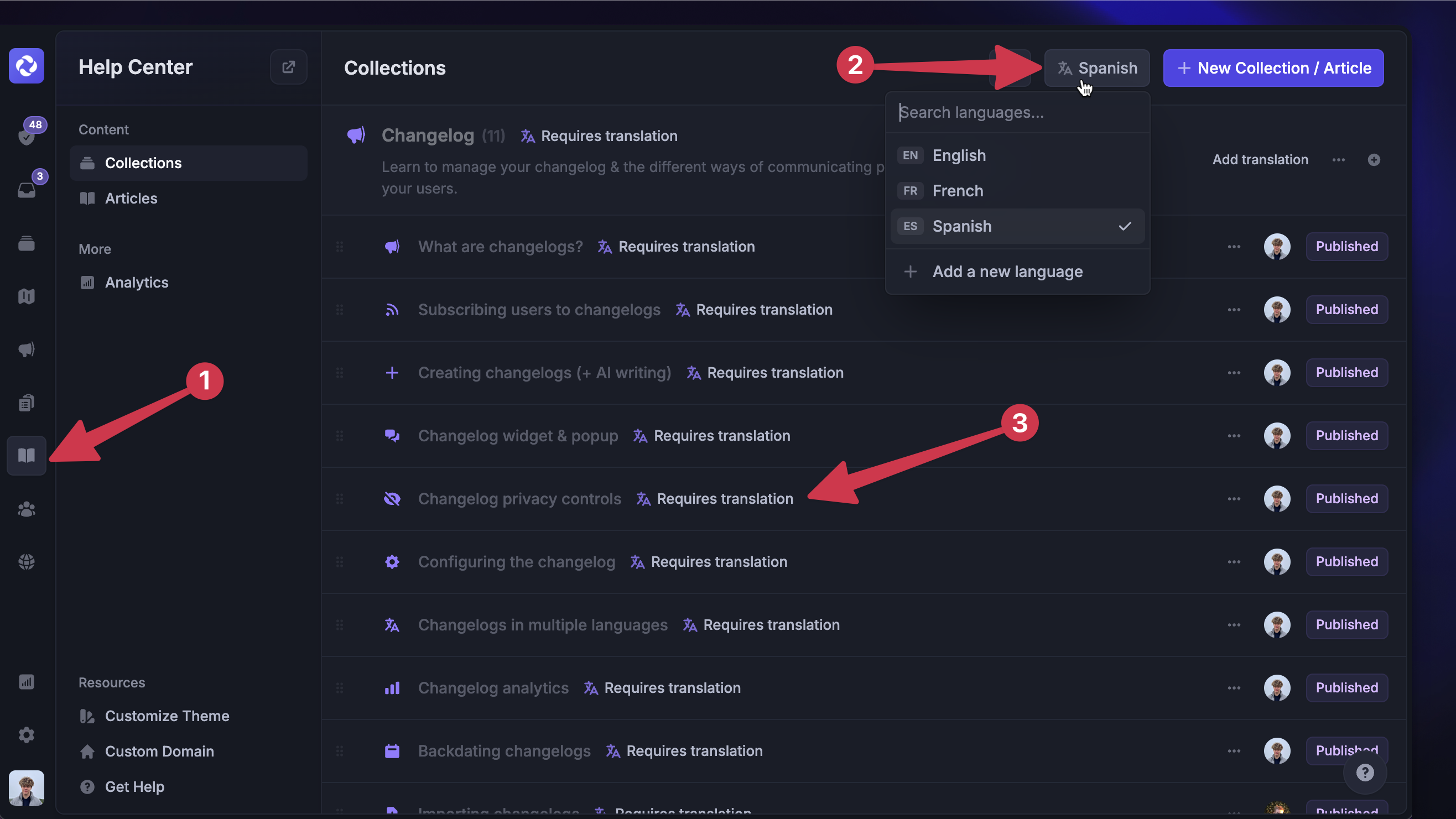 Starting the help article translation process from the dashboard.
